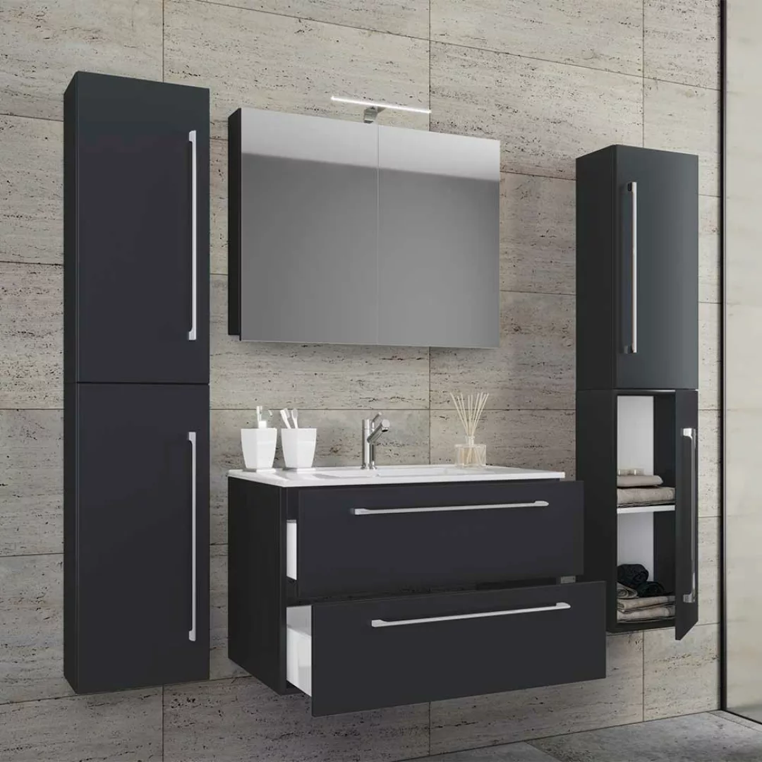 Badezimmermöbel 4teilig schwarz Hochglanz Front 46 cm tief (vierteilig) günstig online kaufen