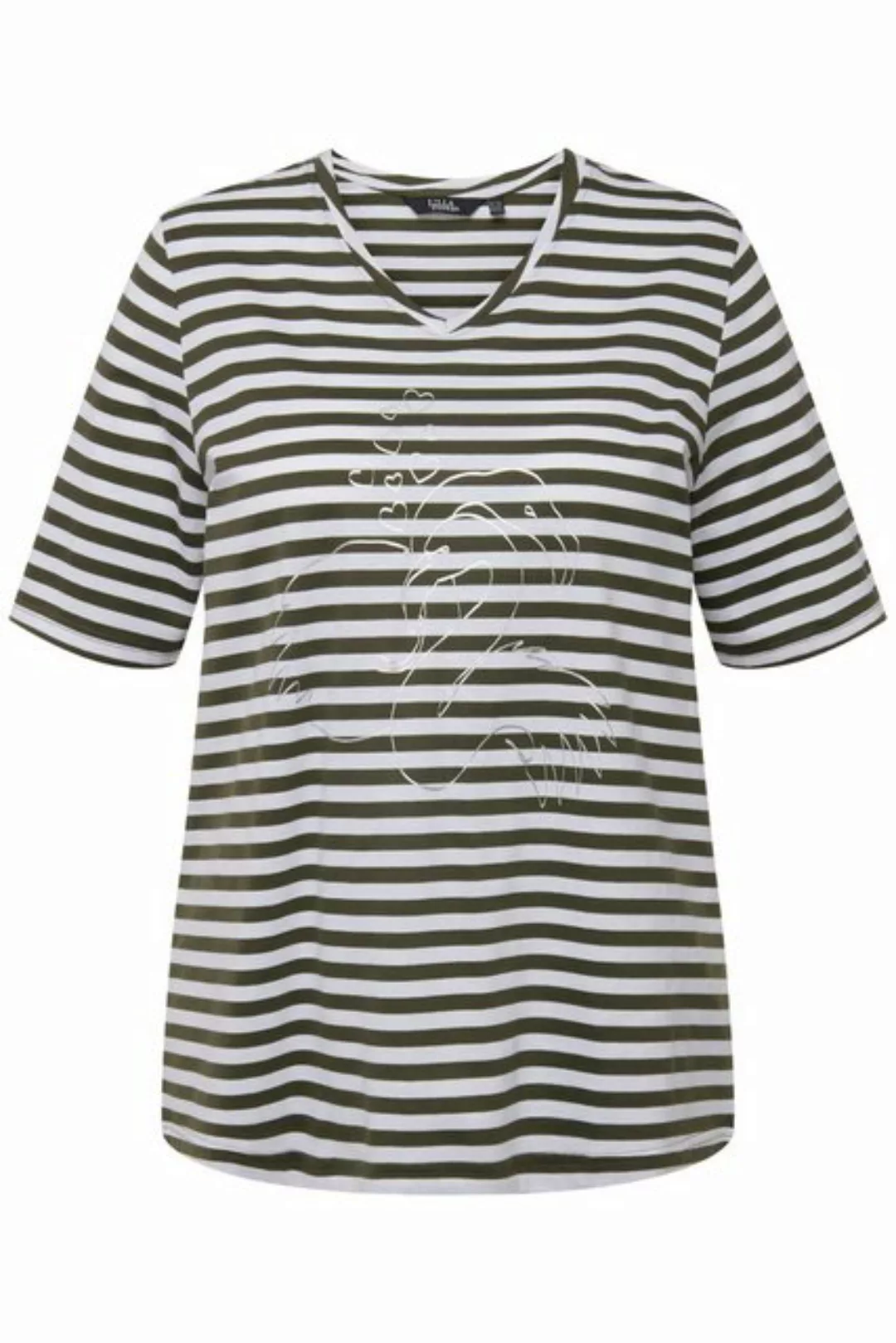 Ulla Popken Rundhalsshirt Shirt Ringel Metallic-Tier V-Ausschnitt Halbarm günstig online kaufen