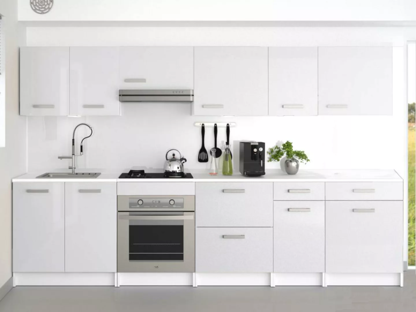 Küchenzeile - mit Arbeitsplatte  300 cm - Weiß glänzend - TRATTORIA günstig online kaufen