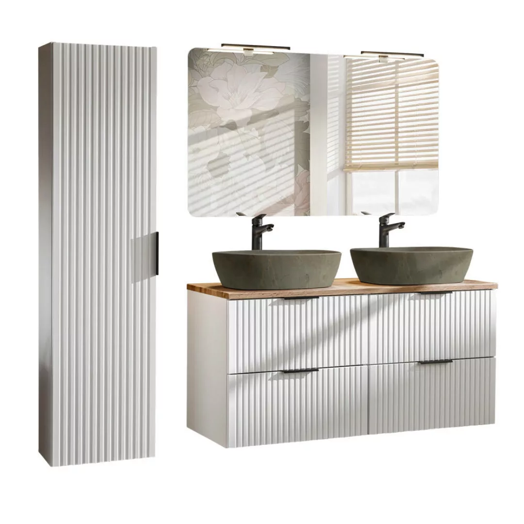 Badmöbel Set matt weiß gerillt ADELAIDE-56-WHITE LED-Spiegel,120 cm Waschti günstig online kaufen