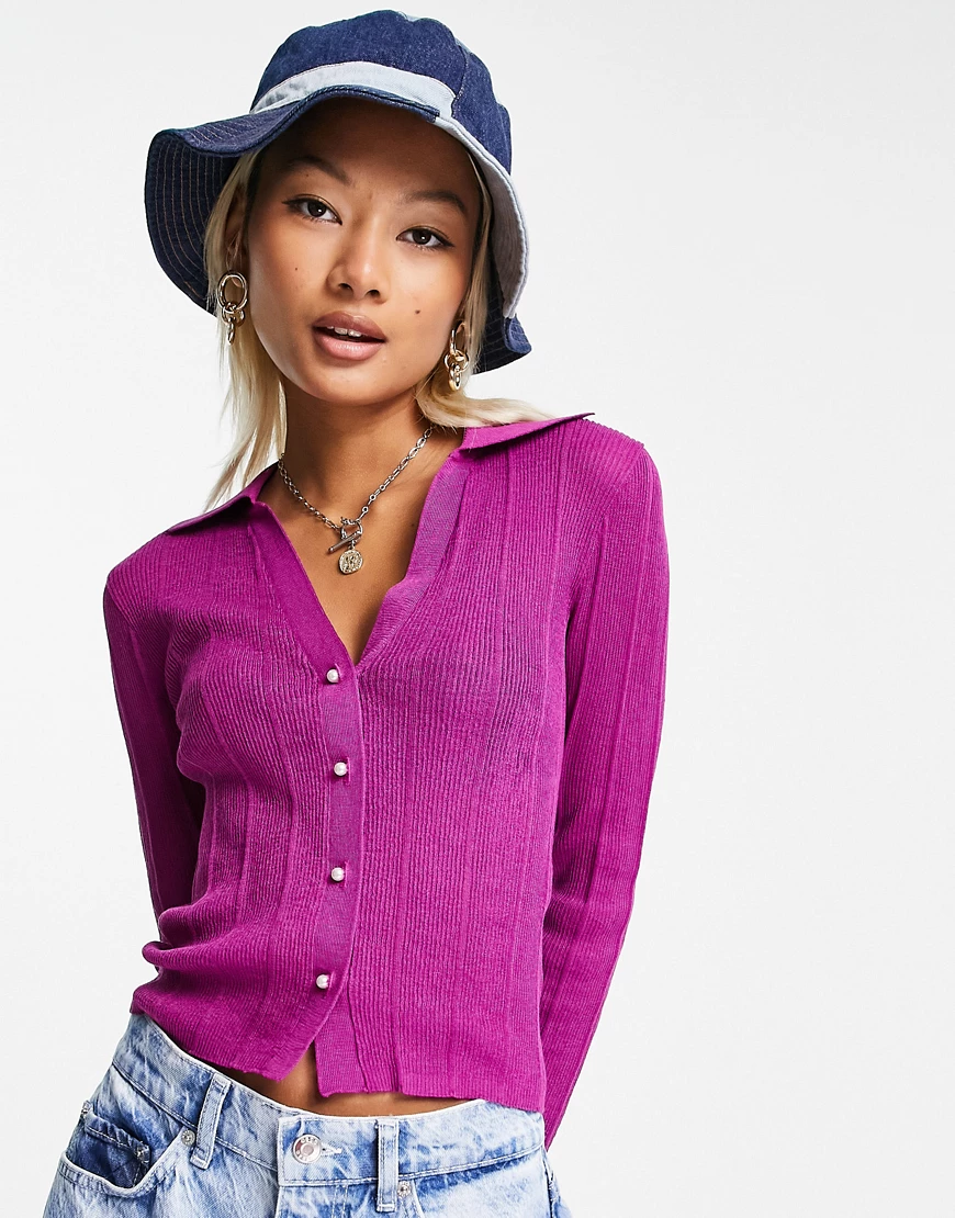 Urban Revivo – Strickjacke in Lila mit offenem Kragen-Violett günstig online kaufen