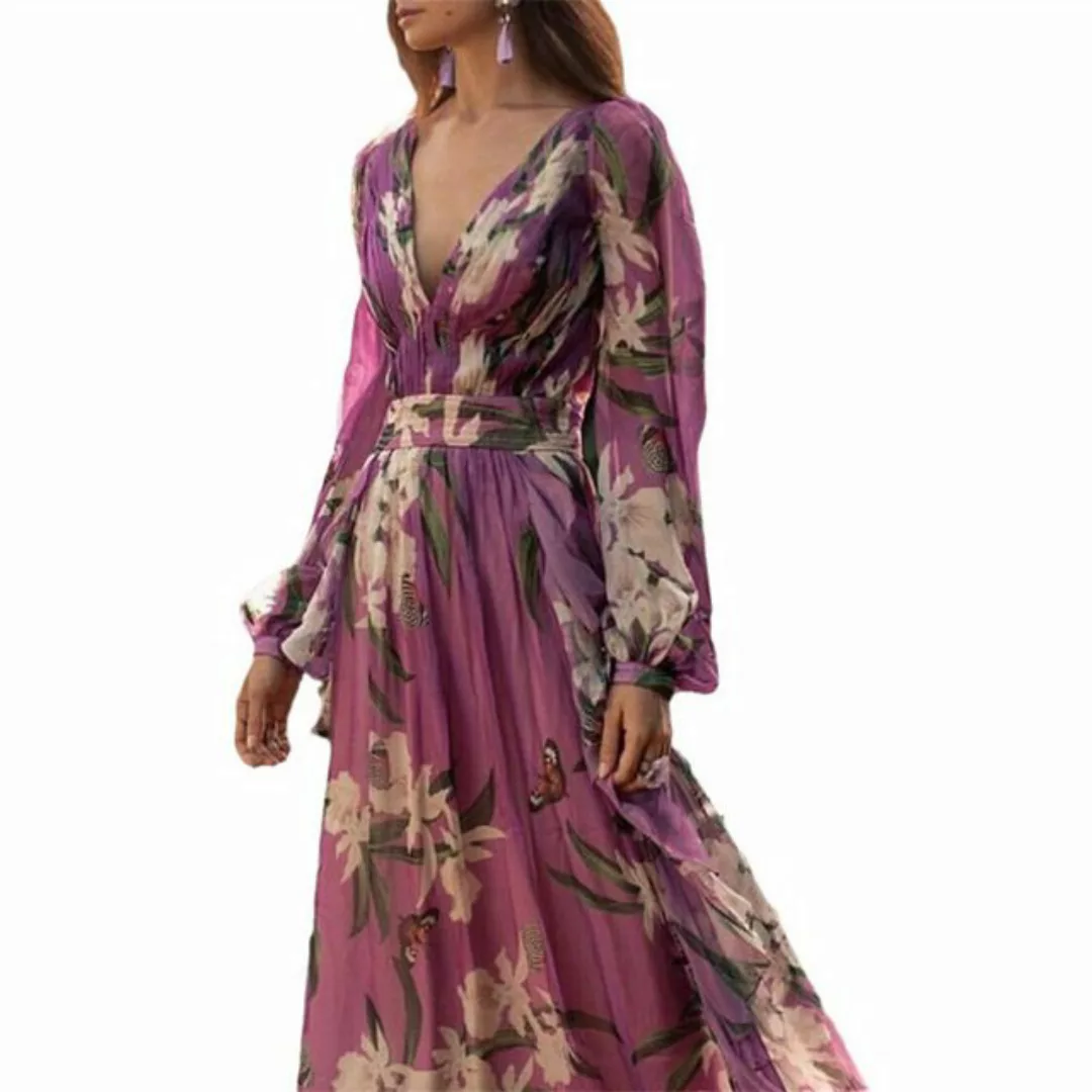 RUZU UG Dirndl Modisches Kleid, langärmliges bedrucktes Kleid mit V-Ausschn günstig online kaufen
