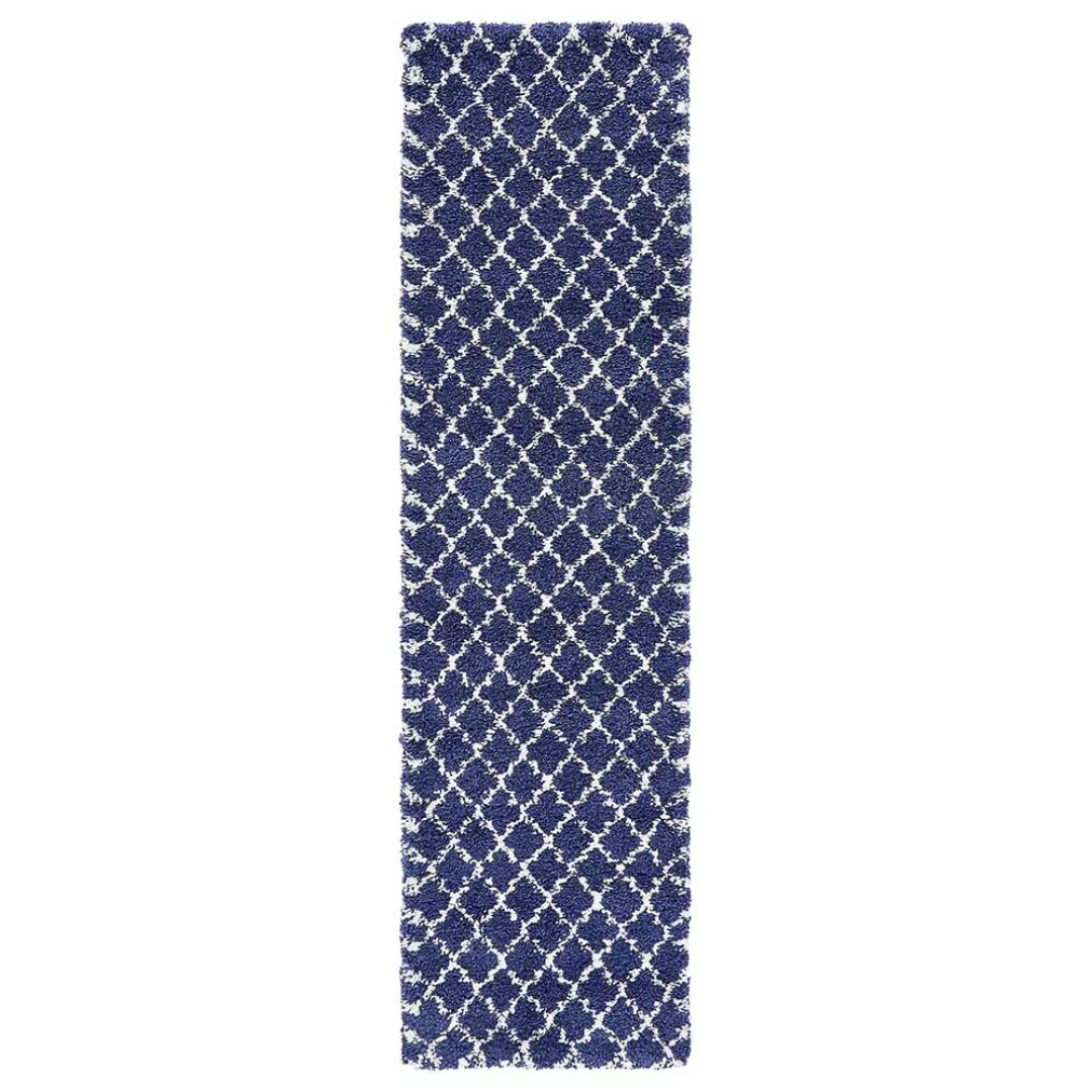 Blauer Shaggy Teppich mit Kachelmuster Skandi Design günstig online kaufen
