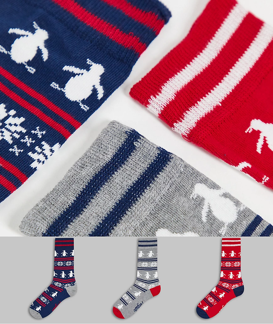 Original Penguin – 3er-Pack Socken in Marineblau mit Fair-Isle-Muster günstig online kaufen