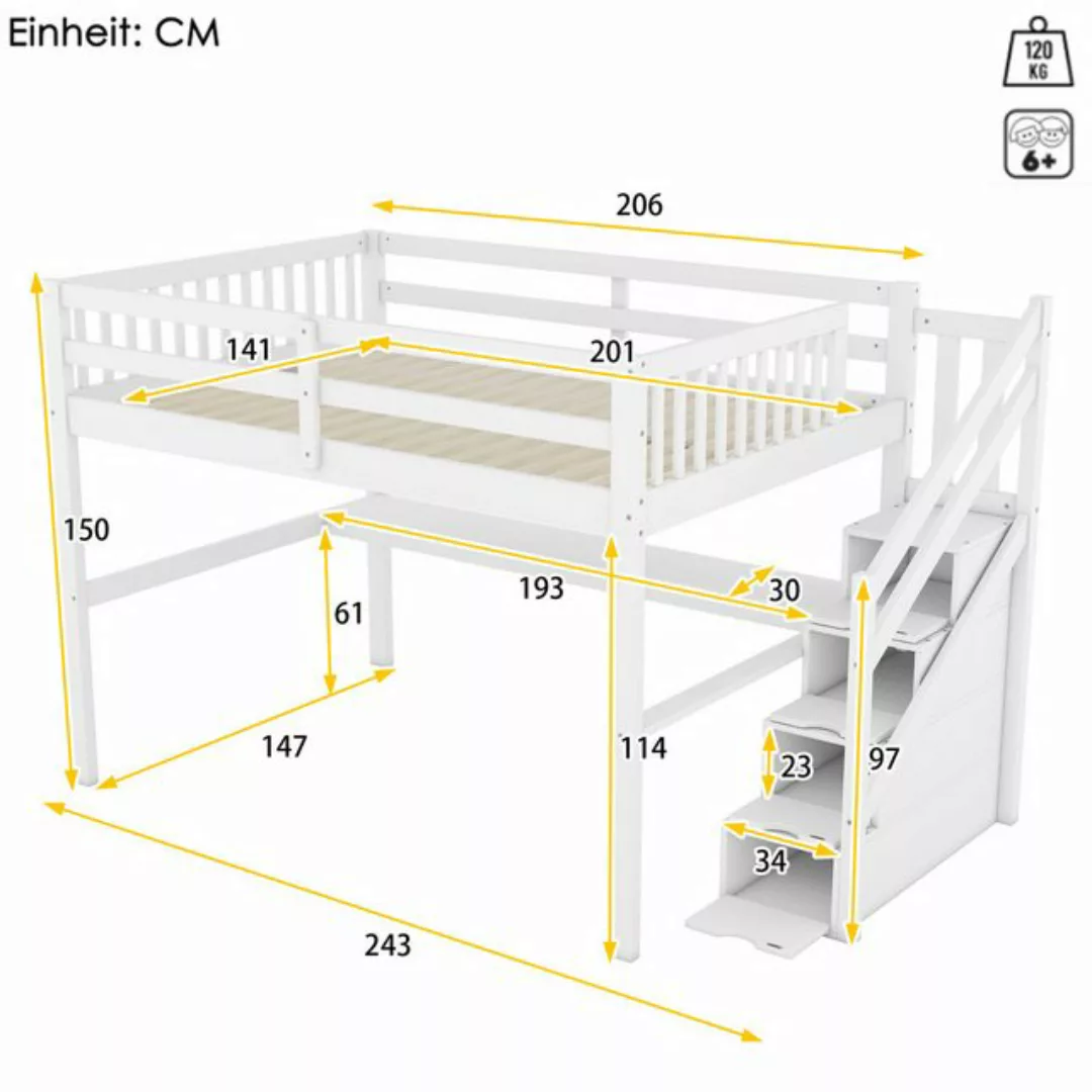 FUROKOY Hochbett Kinderbett mit Stauraumschubladen und Arbeitstisch,Weiß (P günstig online kaufen