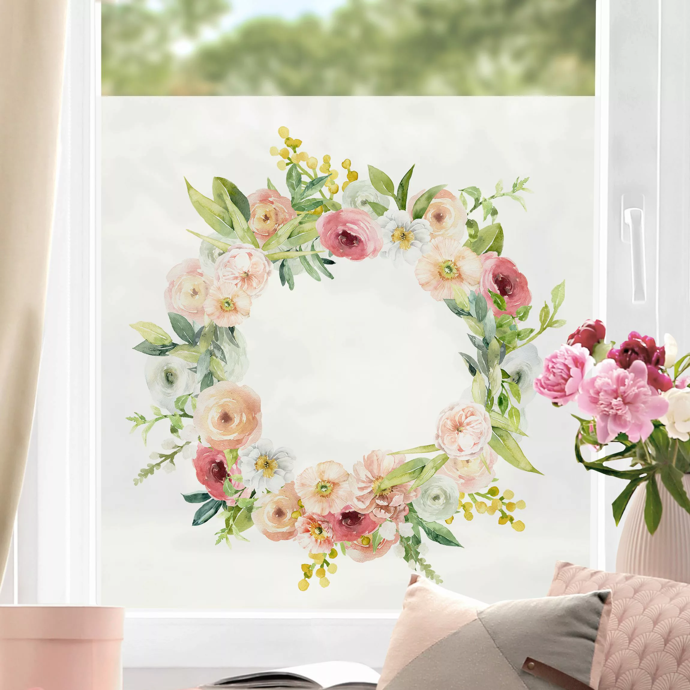 Fensterfolie Aquarell Rosa Blüten Kranz günstig online kaufen