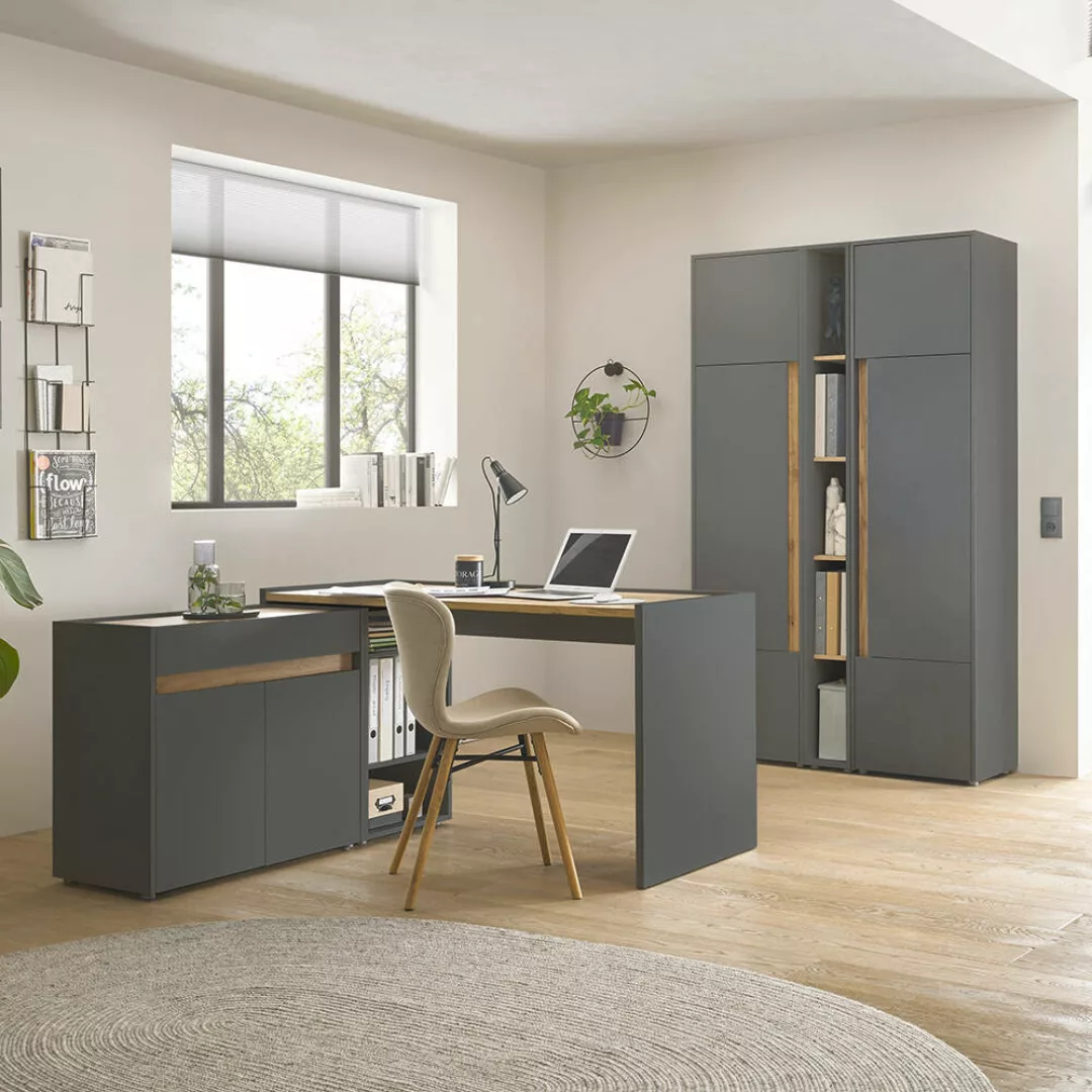 Büromöbel Set anthrazit mit Eiche CRISP-61 modern 6-teilig mit Schreibtisch günstig online kaufen