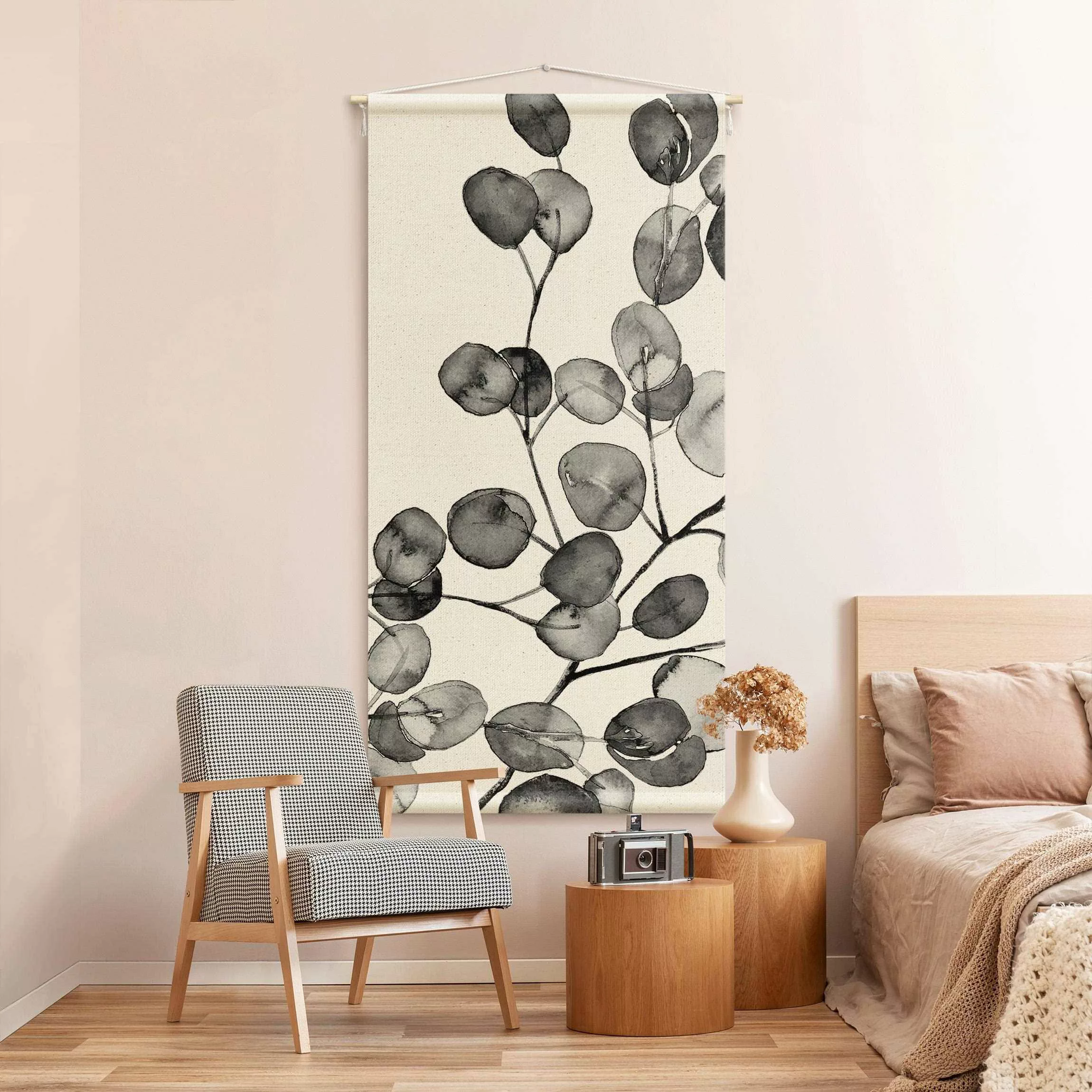 Wandteppich Schwarz Weiß Aquarell Eukalyptuszweig günstig online kaufen