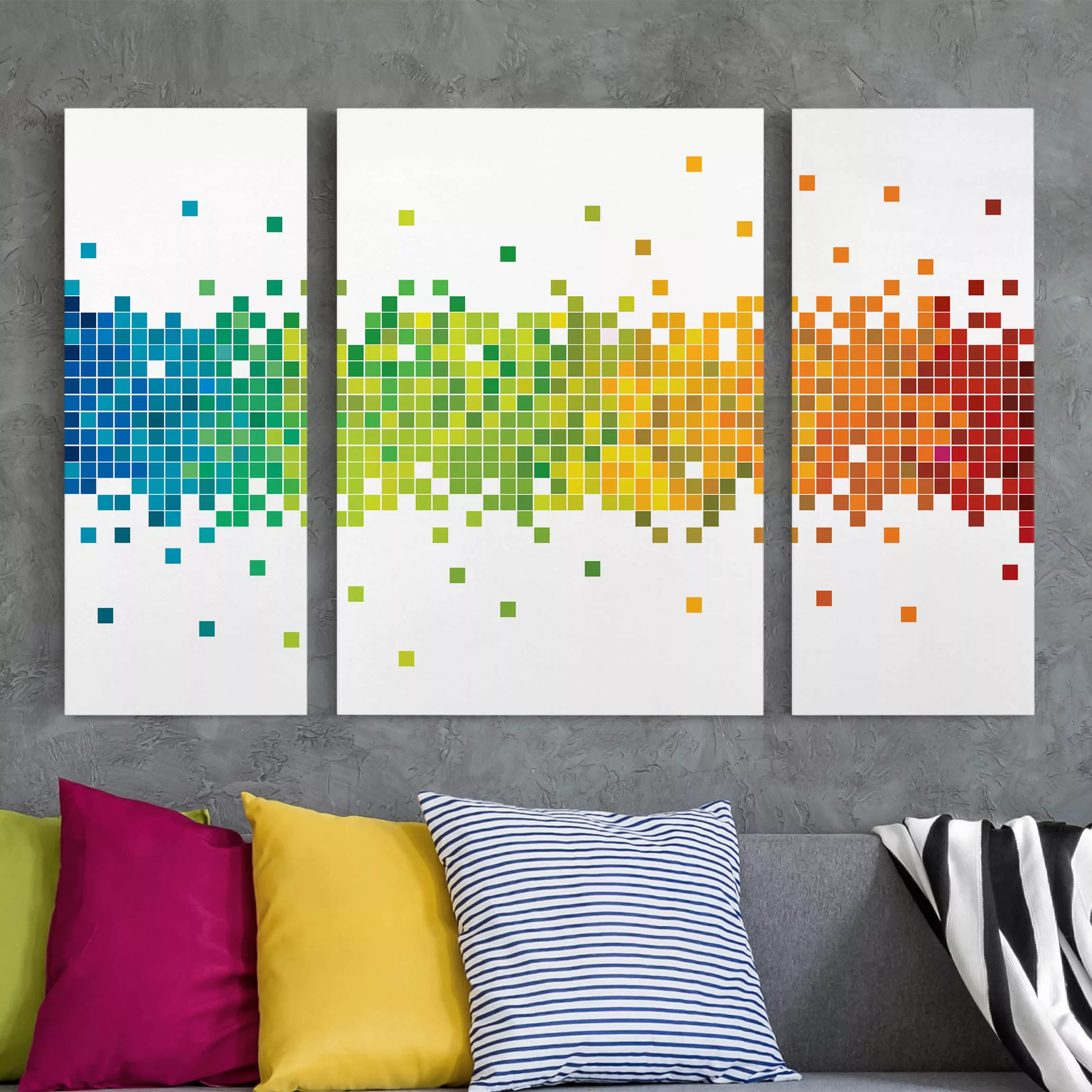 3-teiliges Leinwandbild Muster - Querformat Pixel-Regenbogen günstig online kaufen