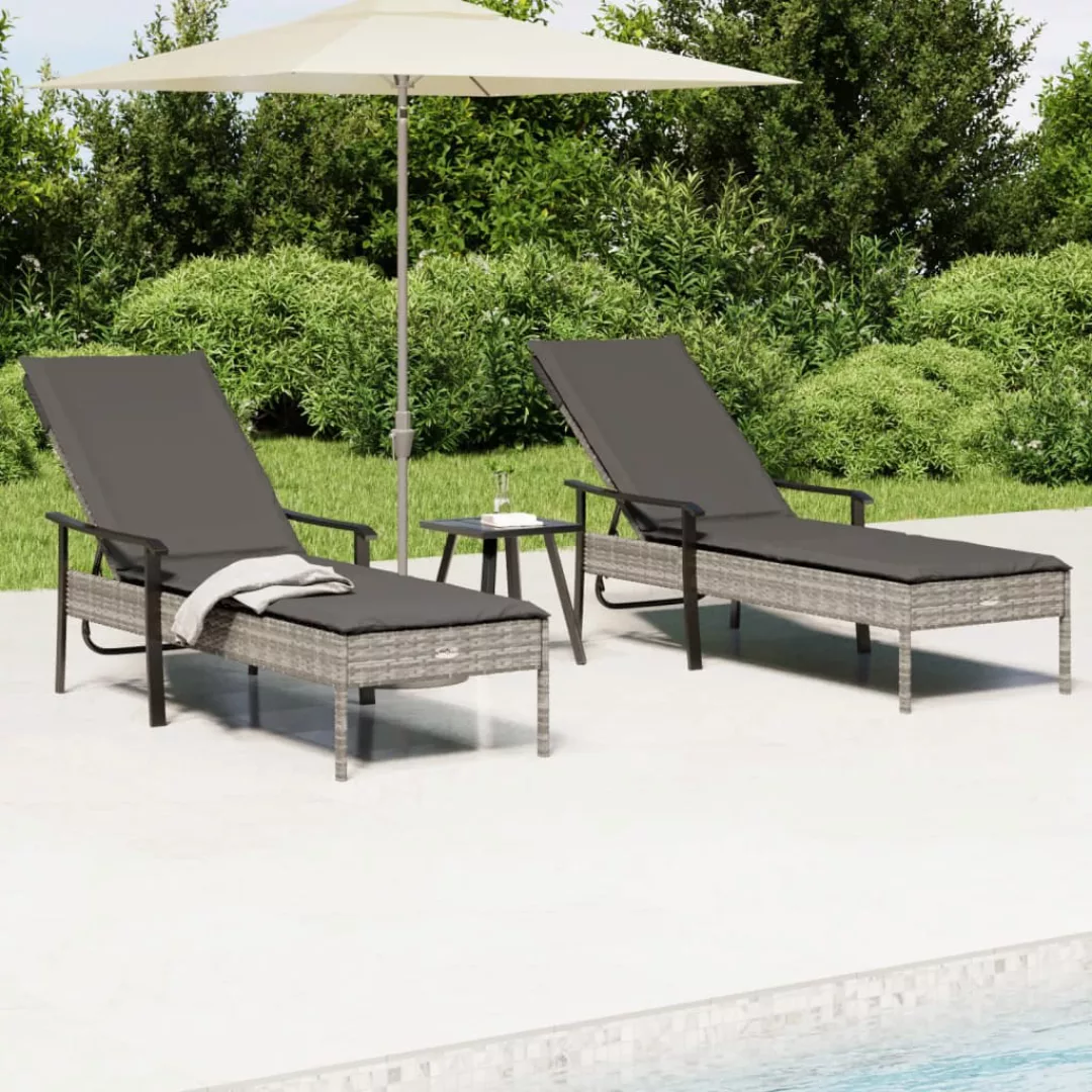 Vidaxl Sonnenliegen 2 Stk. Mit Tisch Und Auflagen Grau Poly Rattan günstig online kaufen