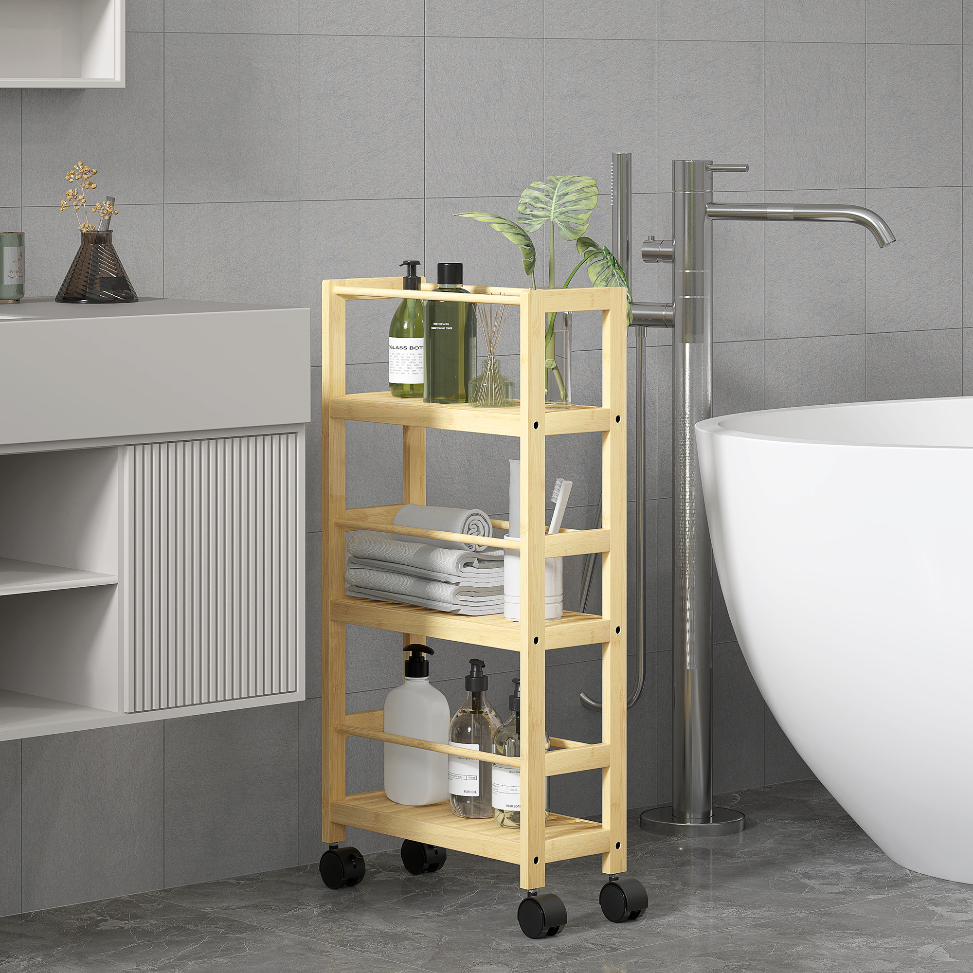 HOMCOM Badezimmerregal mit 3 Ebenen und Rollen, Bambuswagen, Platzsparendes günstig online kaufen