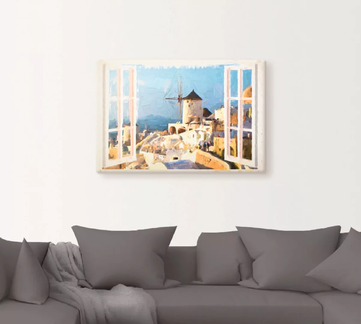 Artland Leinwandbild "Blick durch das Fenster auf Santorin", Fensterblick, günstig online kaufen