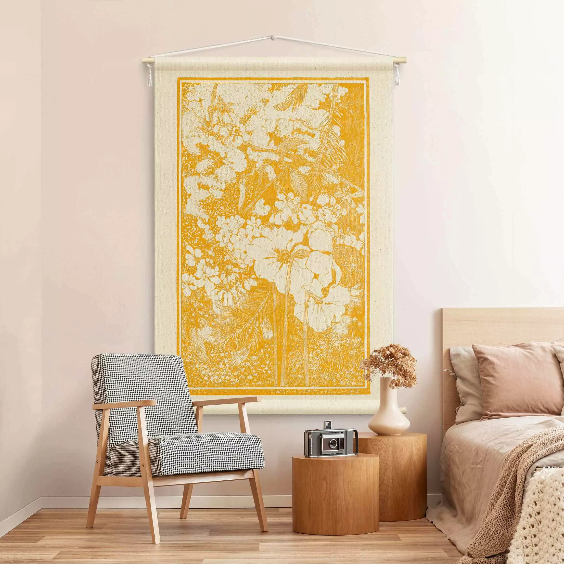 Wandteppich Asiatischer Holzschnitt in Gelb günstig online kaufen