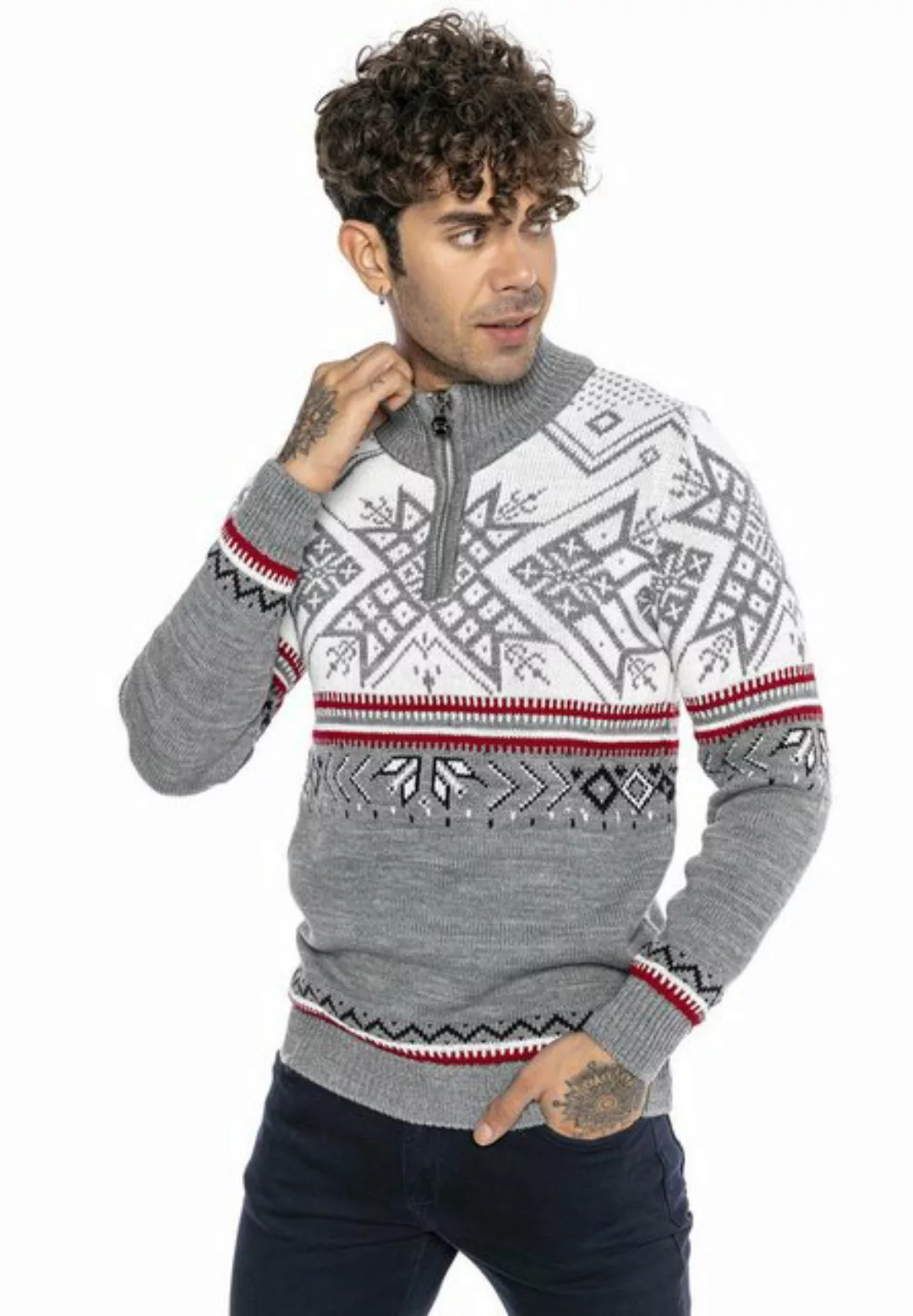 RedBridge Strickpullover Norweger Strickpullover Slim-Fit Stehkragen Grau M günstig online kaufen