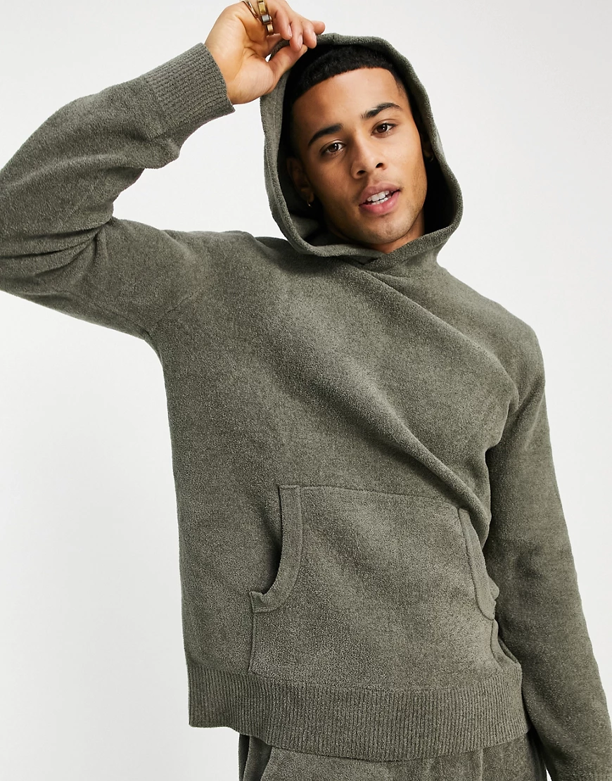 River Island – Frottee-Kapuzenpullover in Khaki, Kombiteil-Grün günstig online kaufen