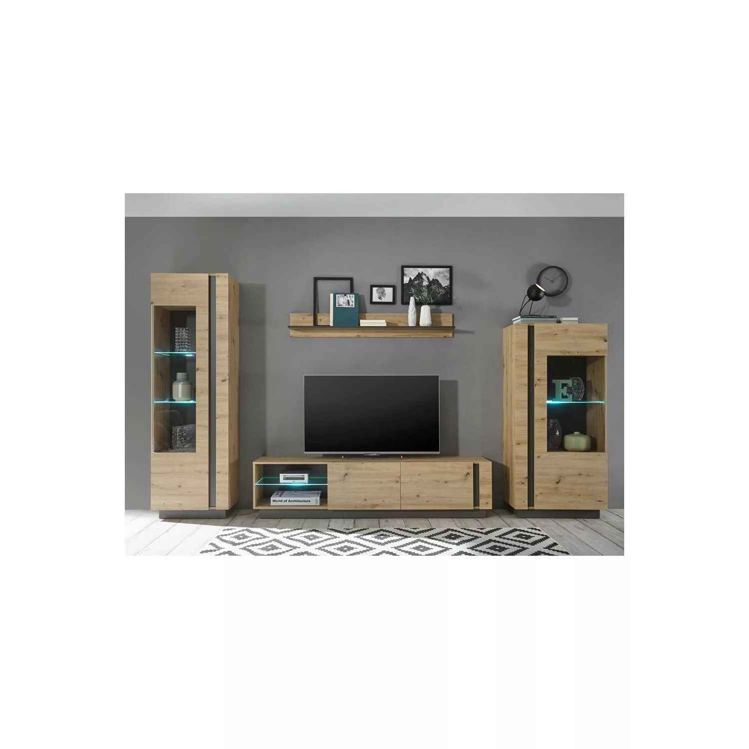 TV-Wohnwand modern inkl. LED-Beleuchtung CARDIFF-61 in Eiche Artisan Nb. mi günstig online kaufen