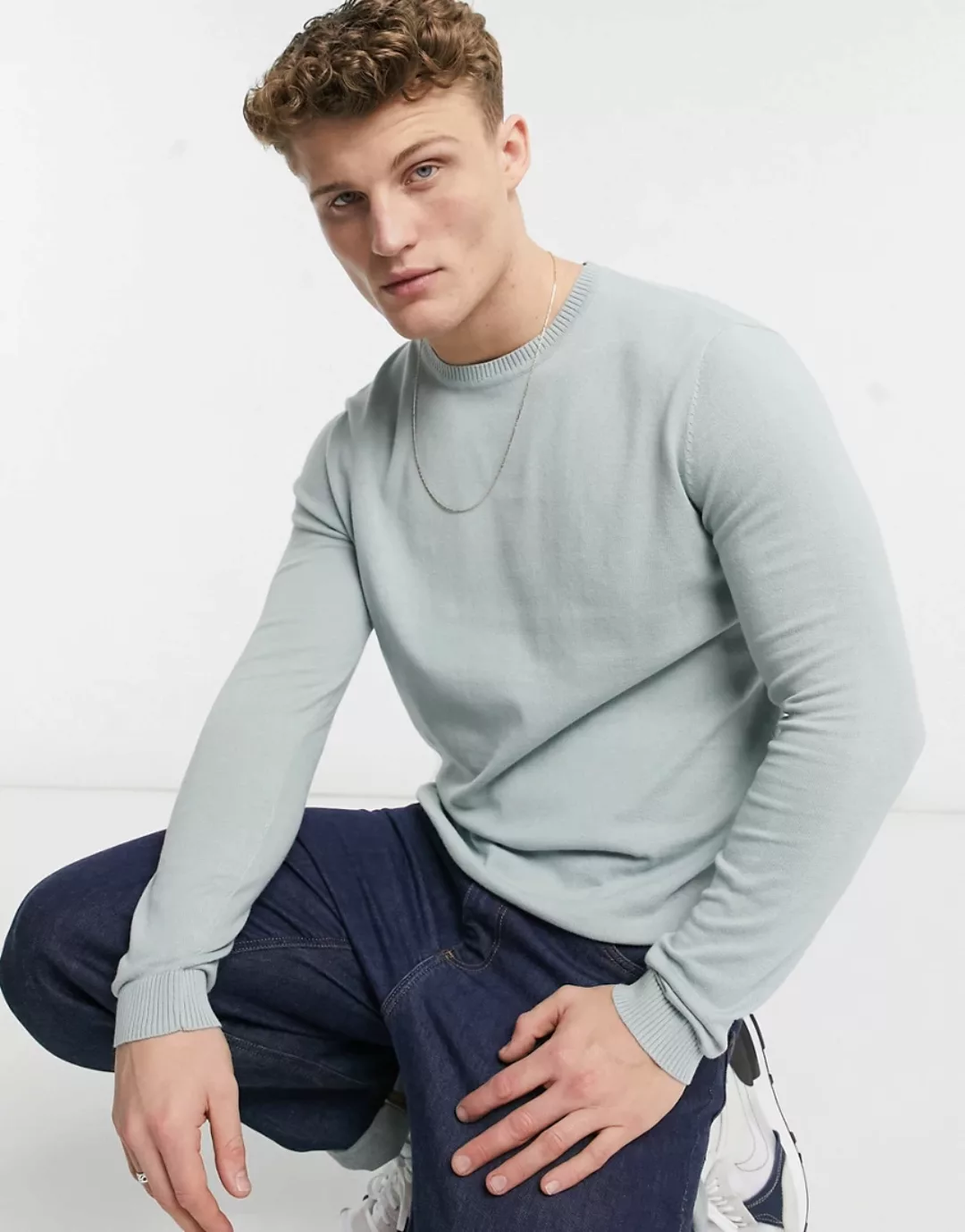 ASOS DESIGN – Baumwollpullover in Blassblau günstig online kaufen