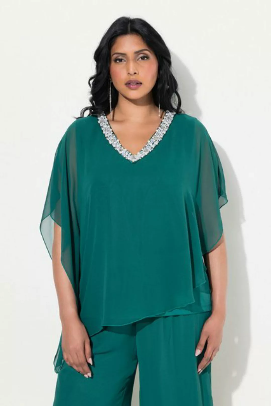 Ulla Popken Longbluse Chiffonbluse doppellagig V-Ausschnitt Halbarm günstig online kaufen