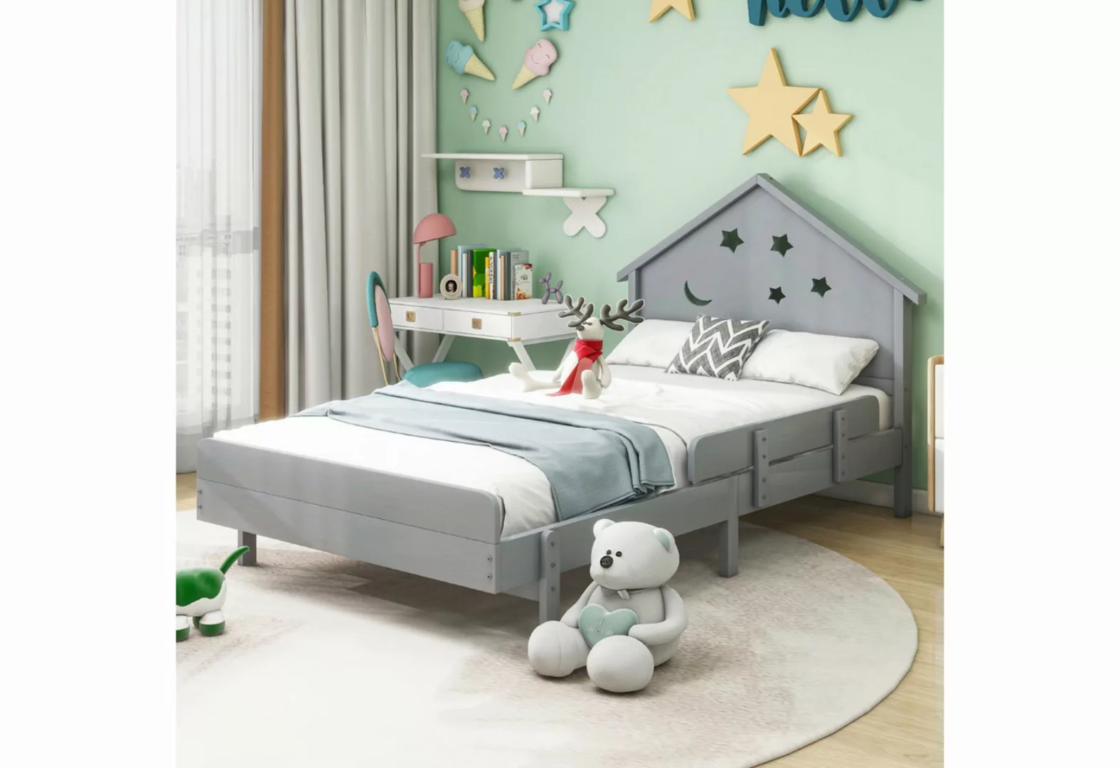Flieks Kinderbett, Massivholzbett Einzelbett 90x200cm mit Stern-Mond-Muster günstig online kaufen