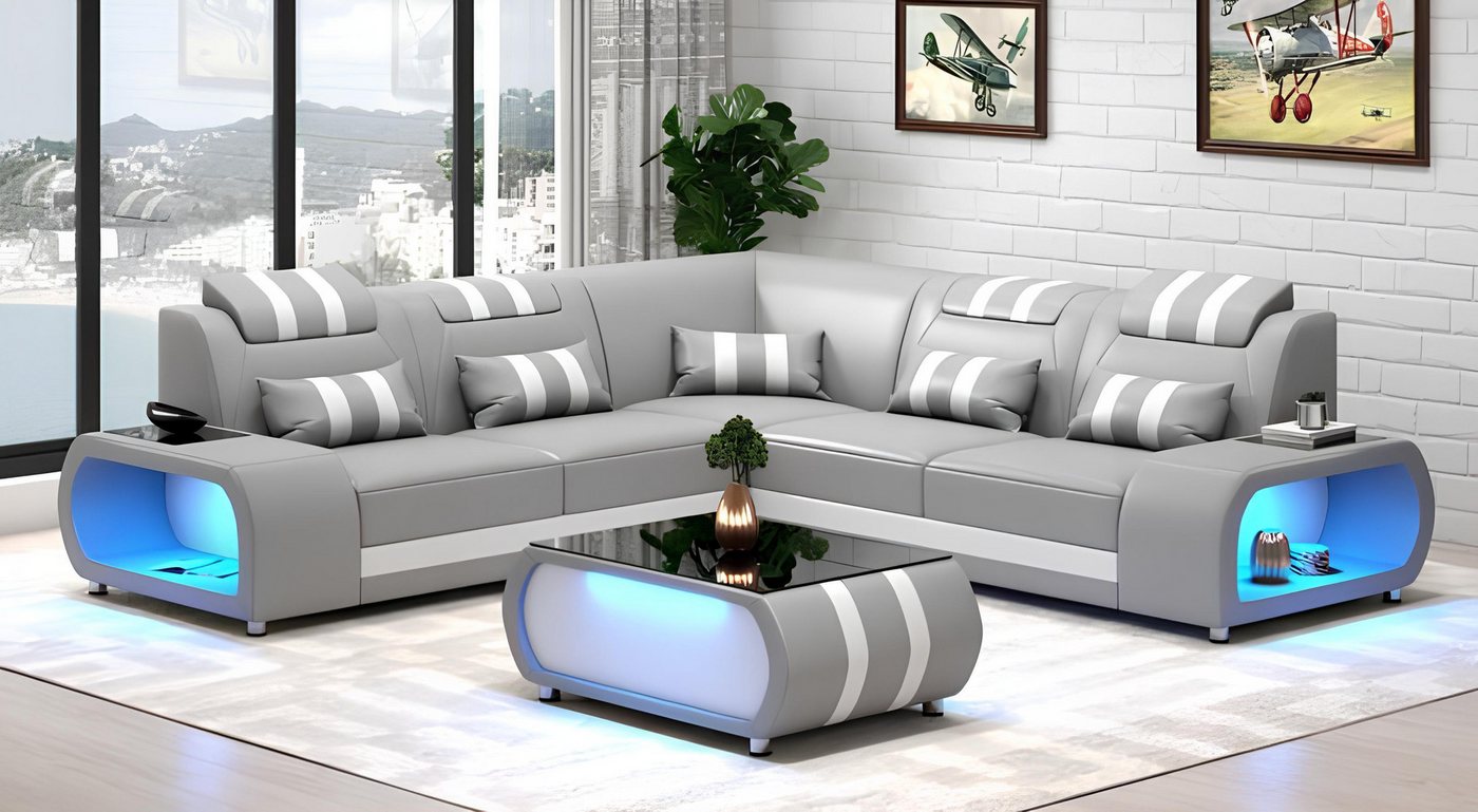 Xlmoebel Ecksofa Luxuriöses modernes Ecksofa aus grauem Leder mit LED-Beleu günstig online kaufen