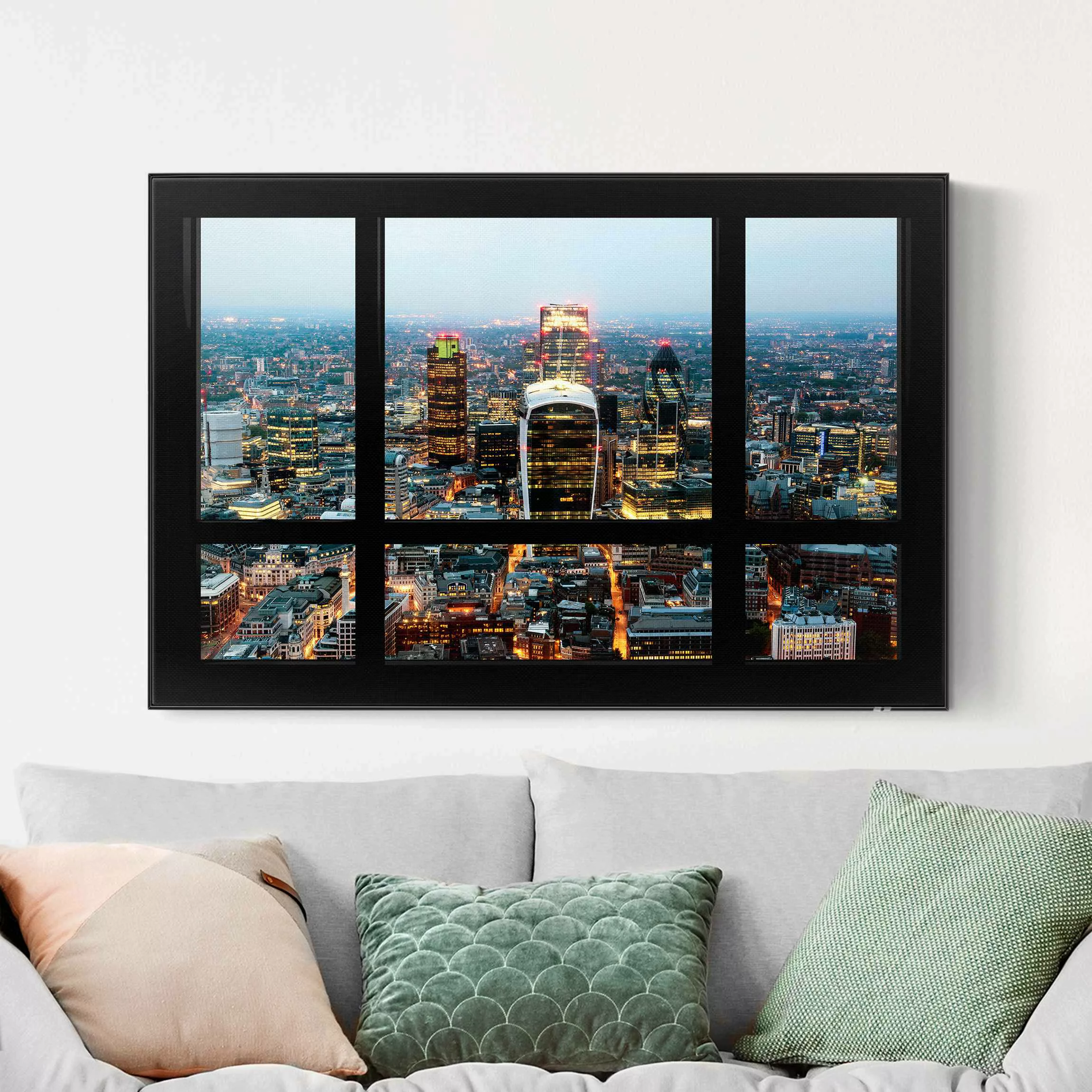 Akustik-Wechselbild Fensterblick auf beleuchtete Skyline von London günstig online kaufen