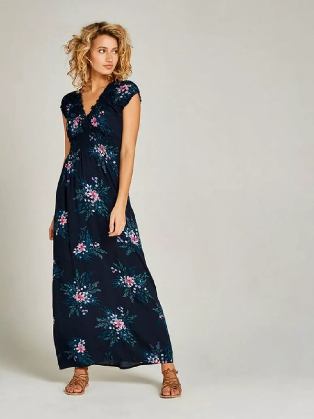 Apricot Sommerkleid Hibiscus Spray Smock V-neck Maxi, mit Smokband, mit Blu günstig online kaufen