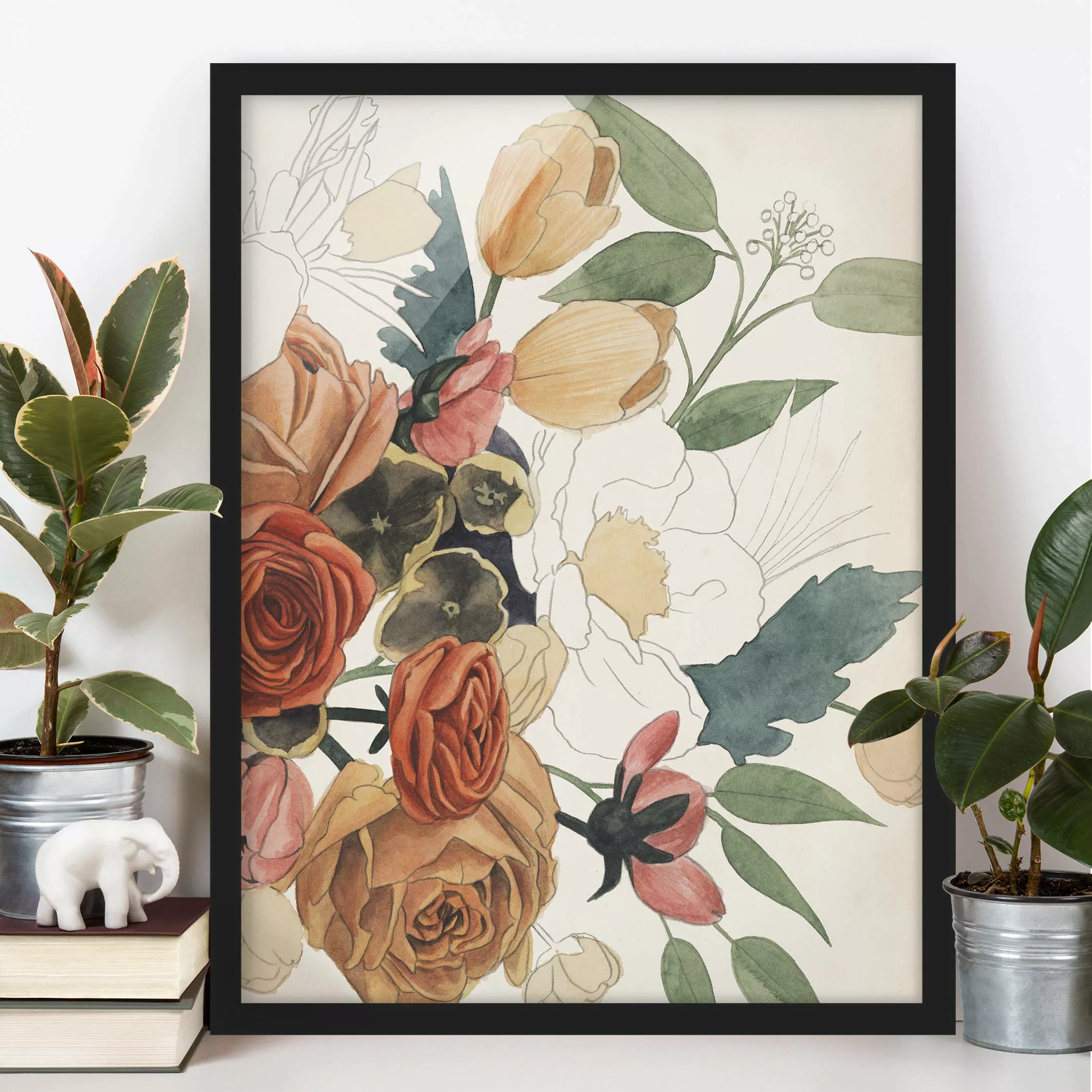 Bild mit Rahmen Blumen - Hochformat Zeichnung Blumenbouquet in Rot und Sepi günstig online kaufen