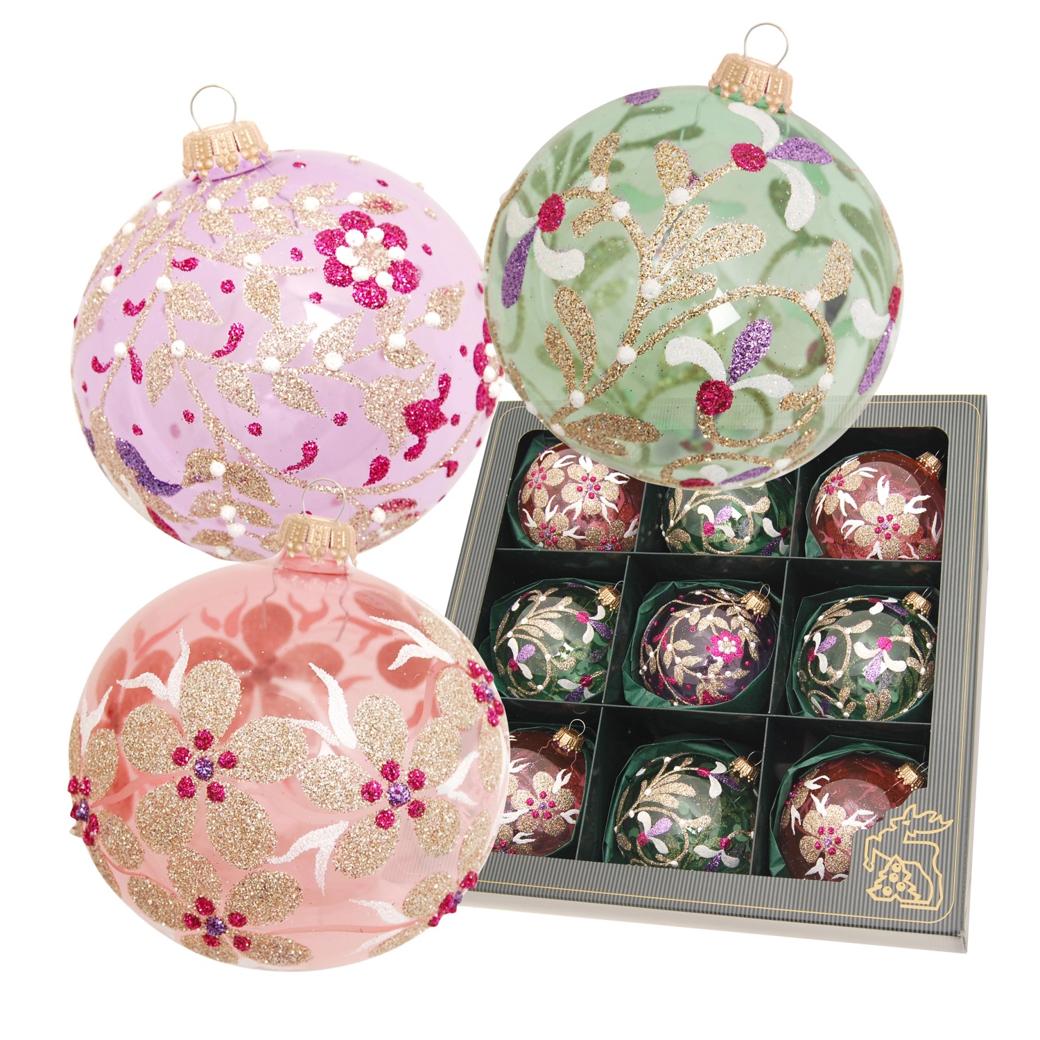 Krebs Glas Lauscha Weihnachtskugeln Blumen 9-tlg. 8cm günstig online kaufen