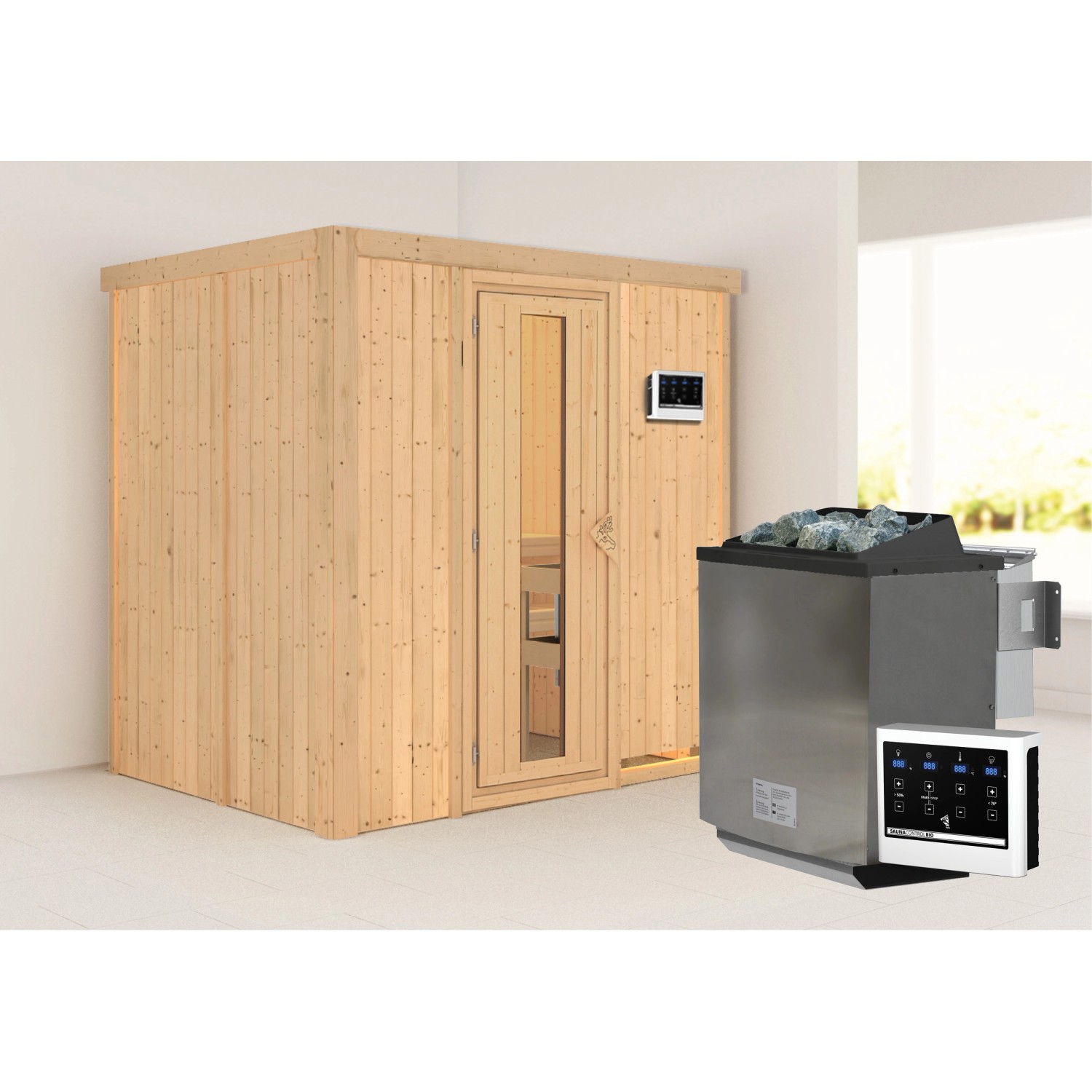 Karibu Sauna Bjar mit Tür u. Bio-Ofen mit Ext. Steuerung 196 x 151 x 198 cm günstig online kaufen