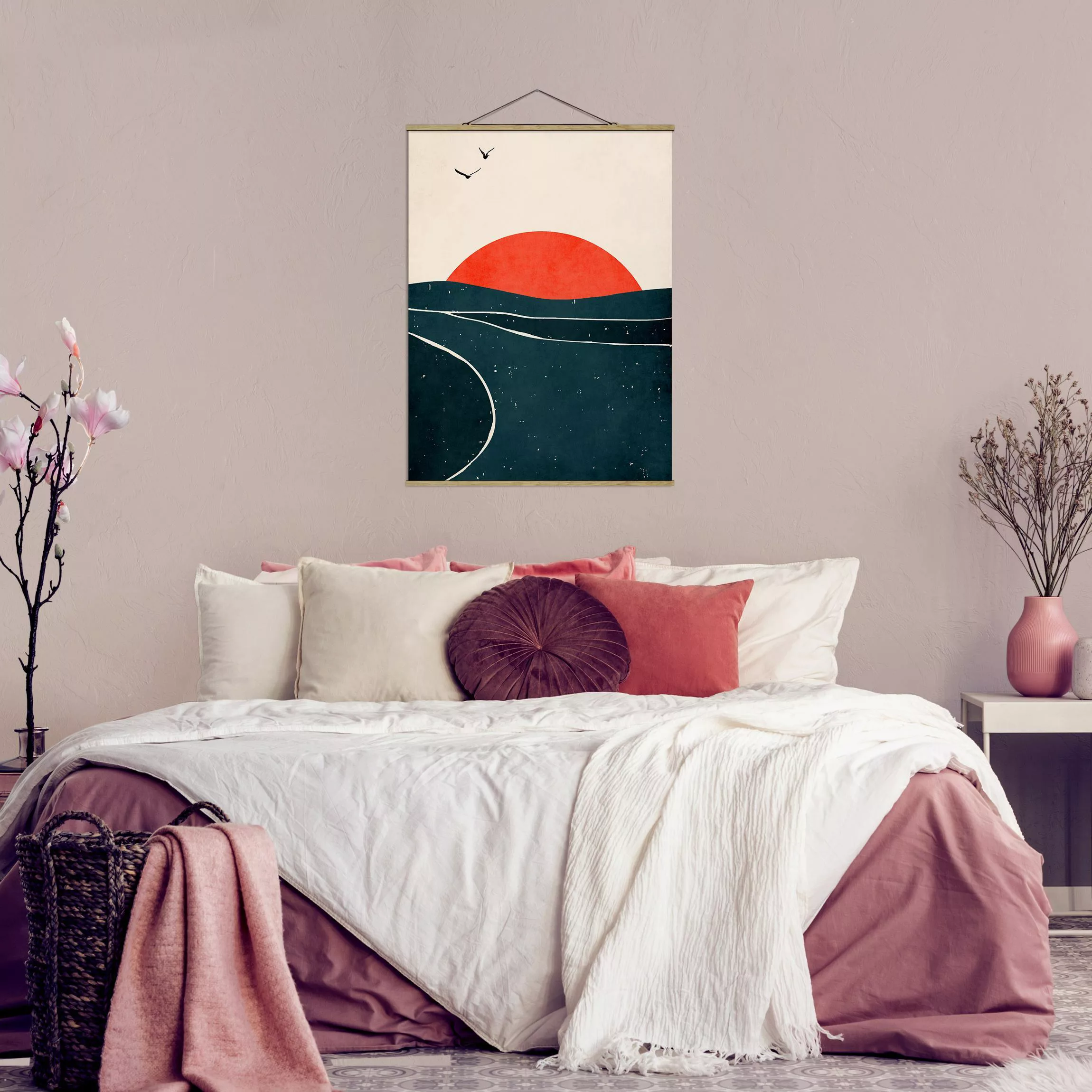 Stoffbild mit Posterleisten Meer vor rotem Sonnenuntergang günstig online kaufen