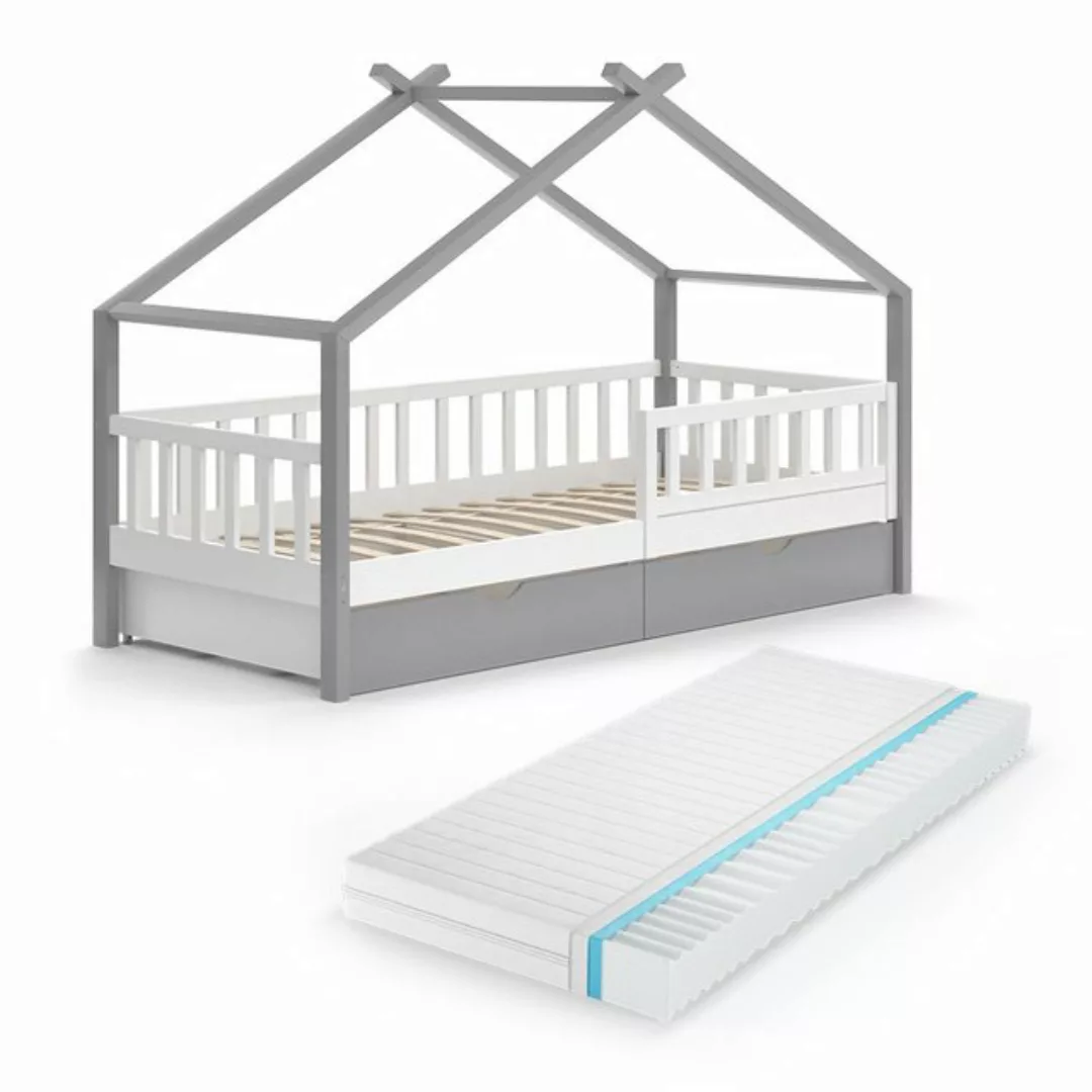 Vicco Kinderbett Hausbett Einzelbett 90x200cm DESIGN Grau Weiß Matratze günstig online kaufen