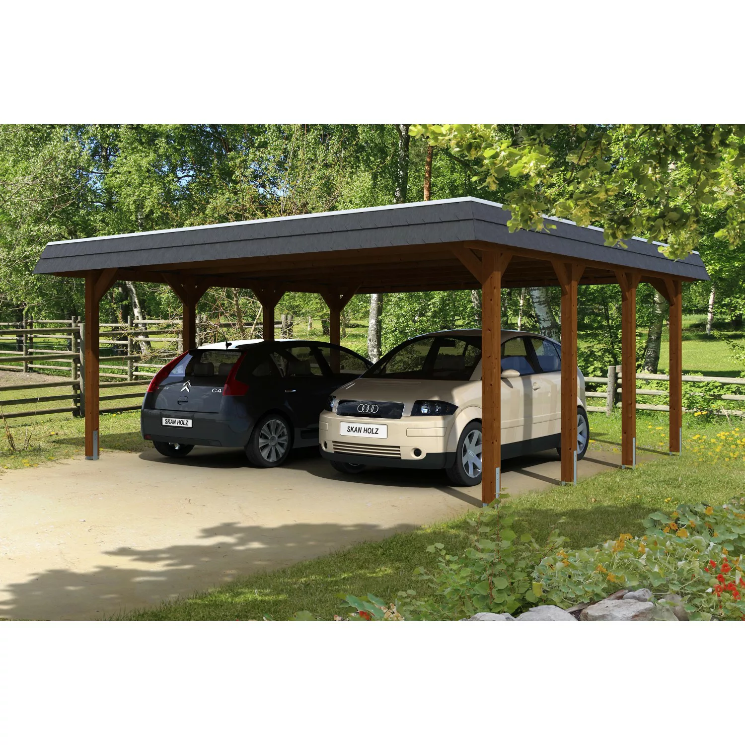 Skan Holz Carport Spreewald 585 cm x 589 cm schwarze Blende Nussbaum günstig online kaufen