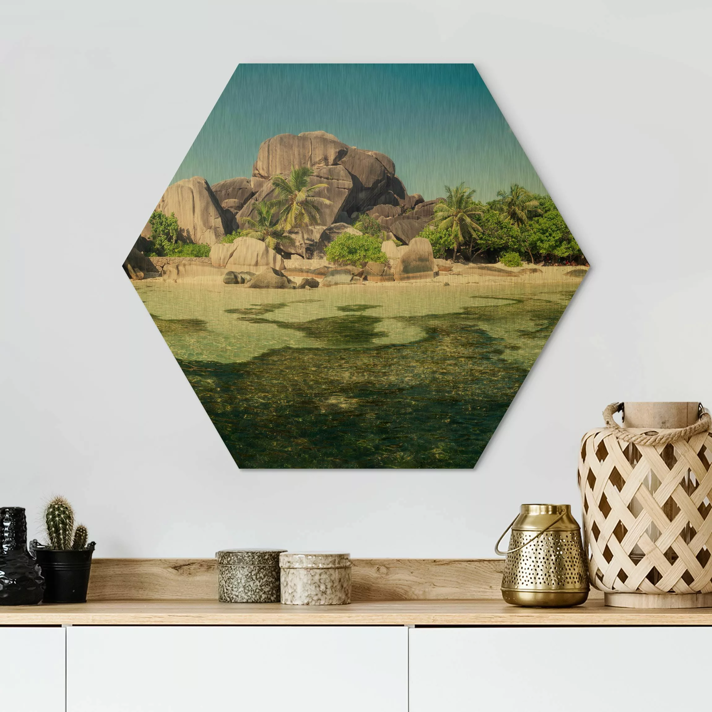 Hexagon-Alu-Dibond Bild La Digue günstig online kaufen