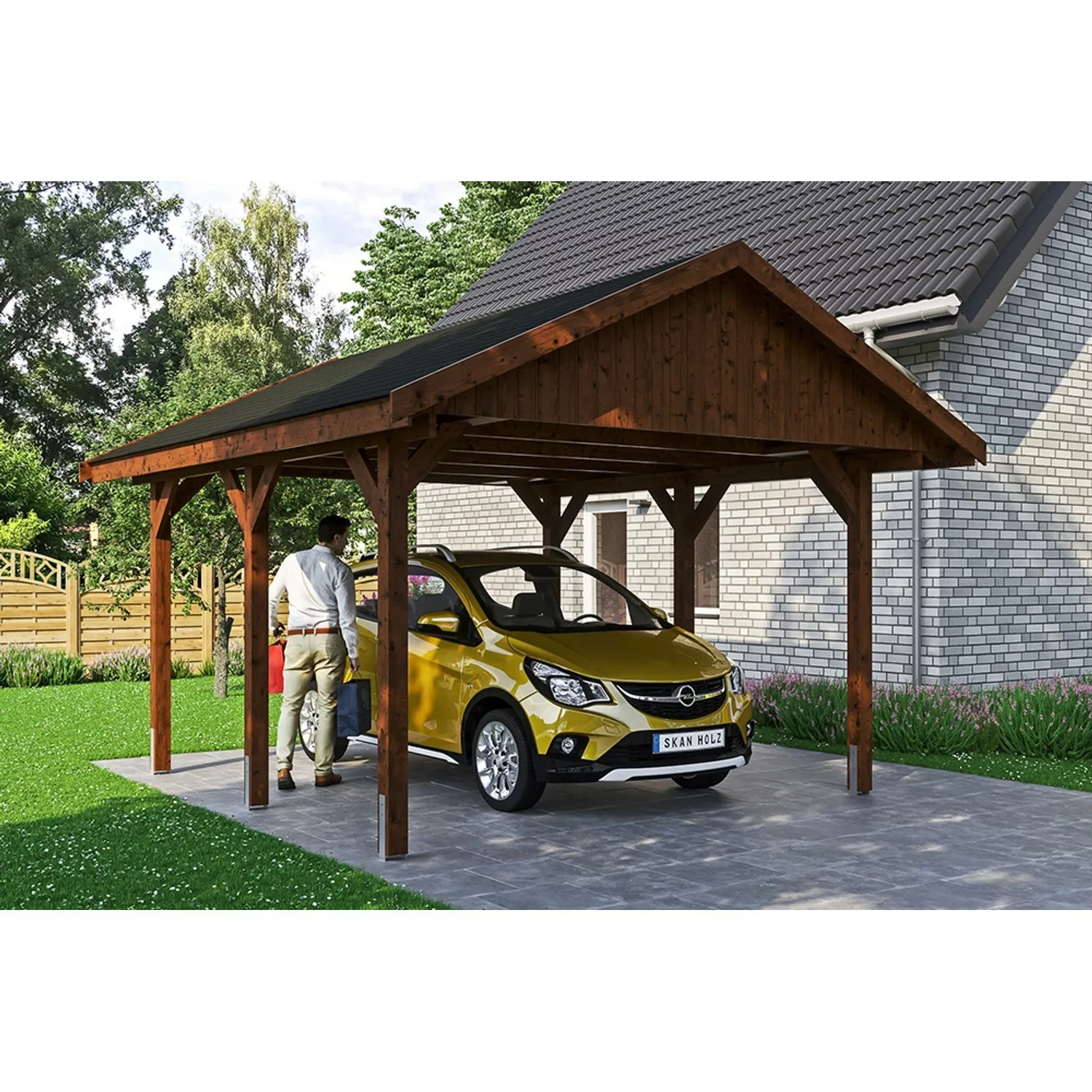 Satteldach-Carport Wallgau Nussbaum 430 x 500 cm schwarze Schindeln günstig online kaufen