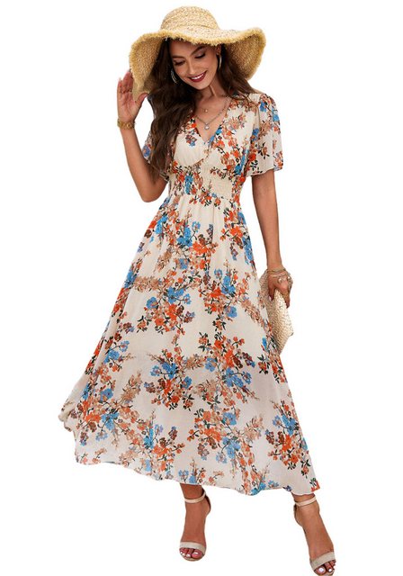 Mayou Sommerkleid Damen Maxikleid mit Blumenmuster V-Ausschnitt Gesmoktes S günstig online kaufen