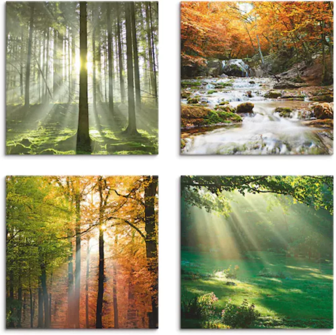 Artland Leinwandbild "Wald Wasserfall Herbsttag", Wald, (4 St.), 4er Set, v günstig online kaufen