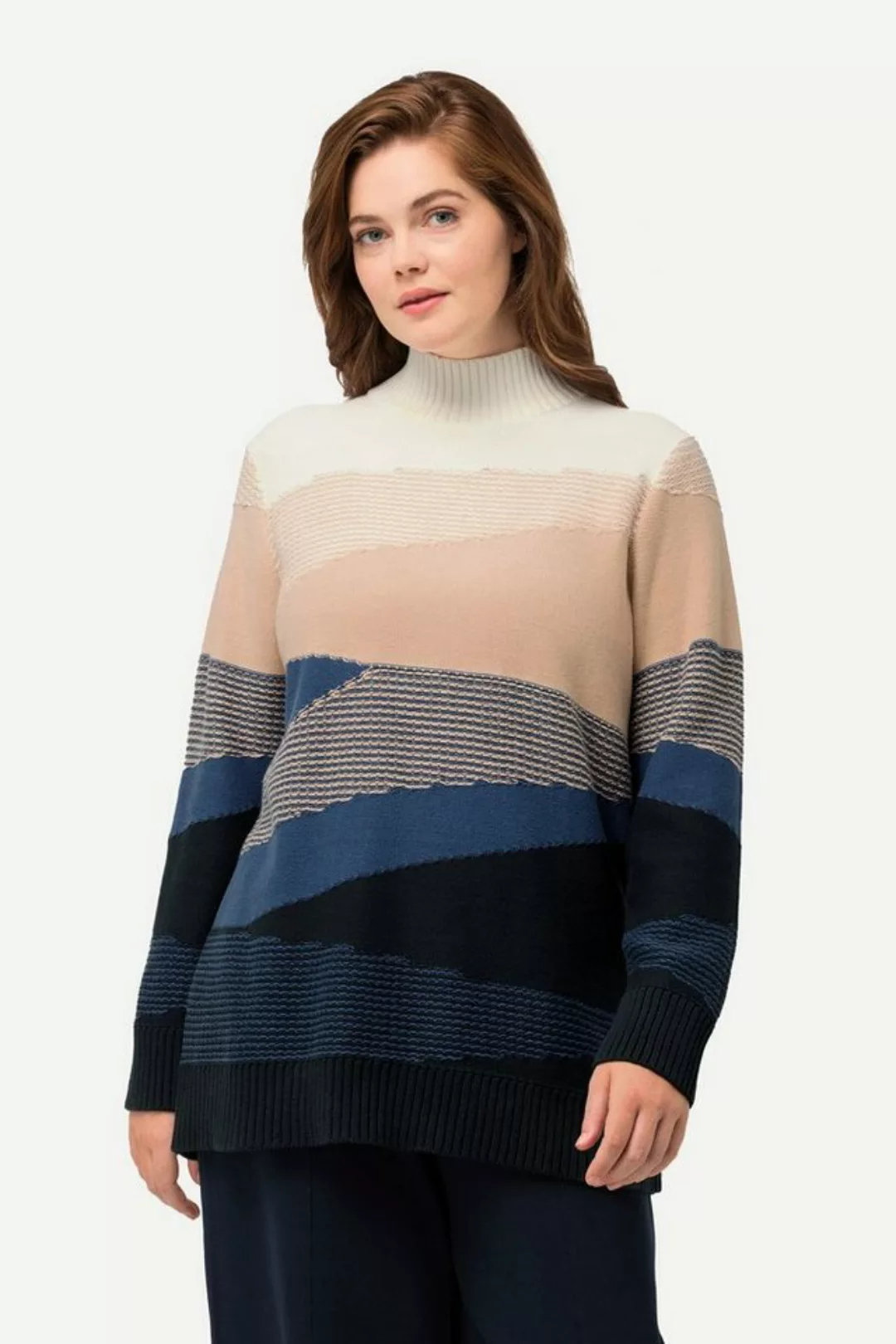 Ulla Popken Rundhalspullover Pullover Jacquard Stehkragen Langarm Biobaumwo günstig online kaufen