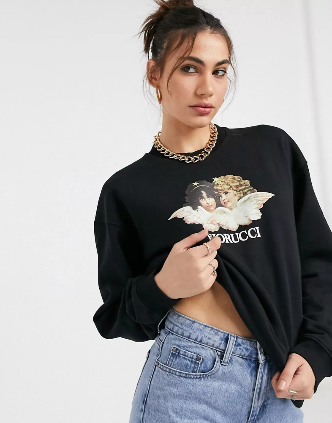 Fiorucci – Schwarzes, mit VIntage-Engeln bedrucktes Sweatshirt günstig online kaufen
