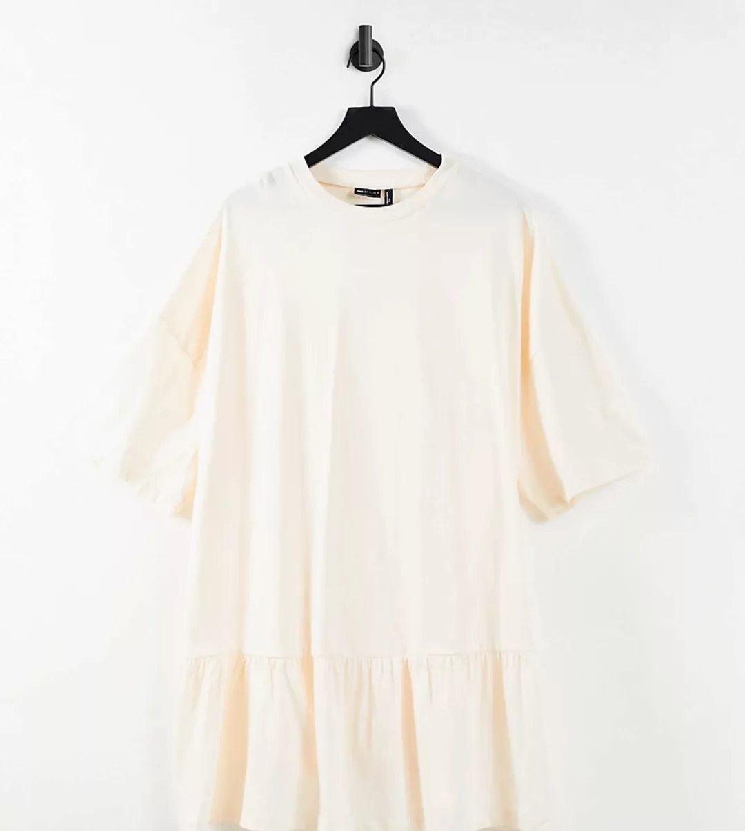 ASOS DESIGN Tall – Oversize-T-Shirt-Kleid in Sand mit Rüschensaum-Braun günstig online kaufen