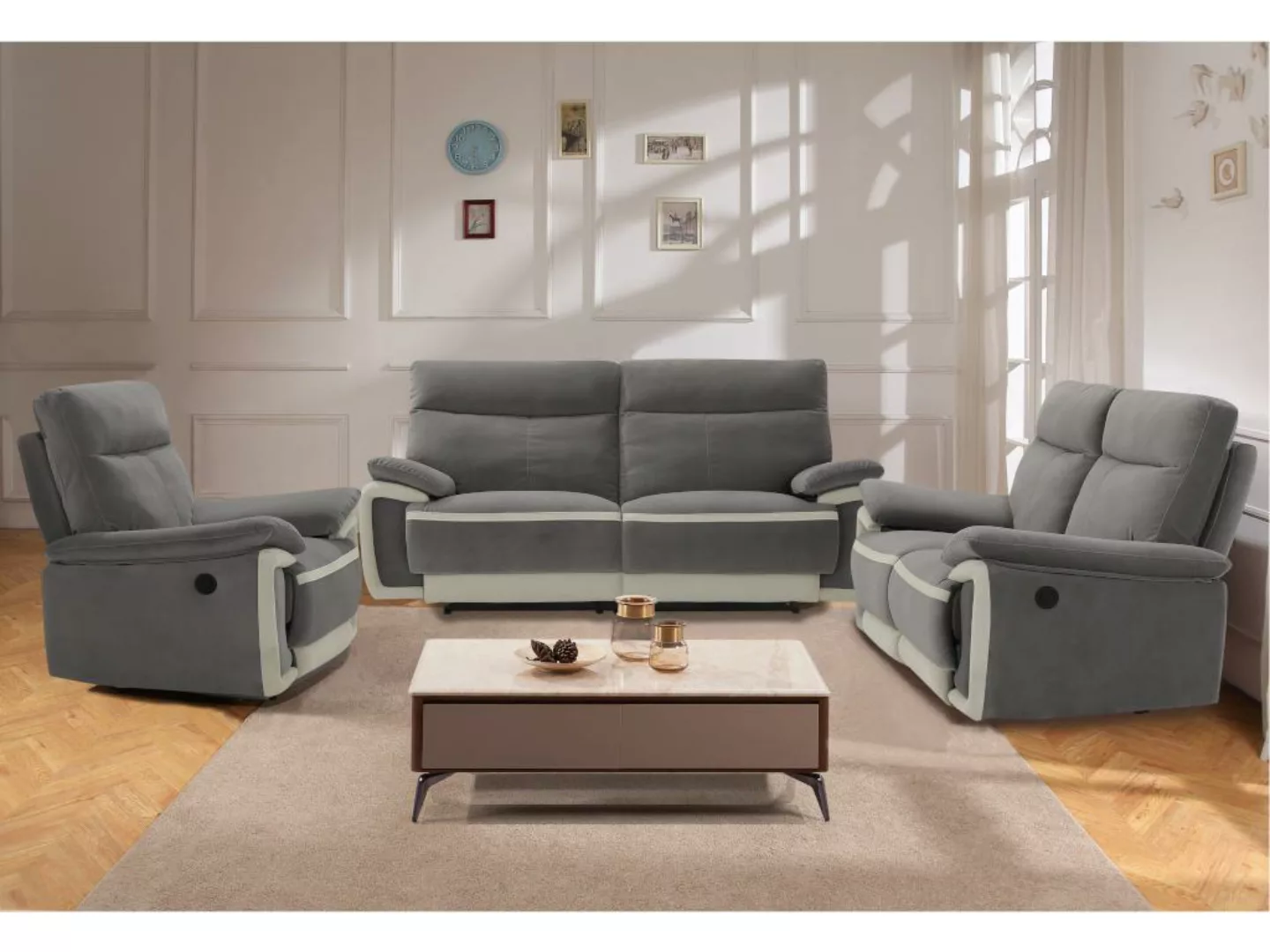 Relaxsofa elektrisch 3-Sitzer METTI - Samt - Grau günstig online kaufen