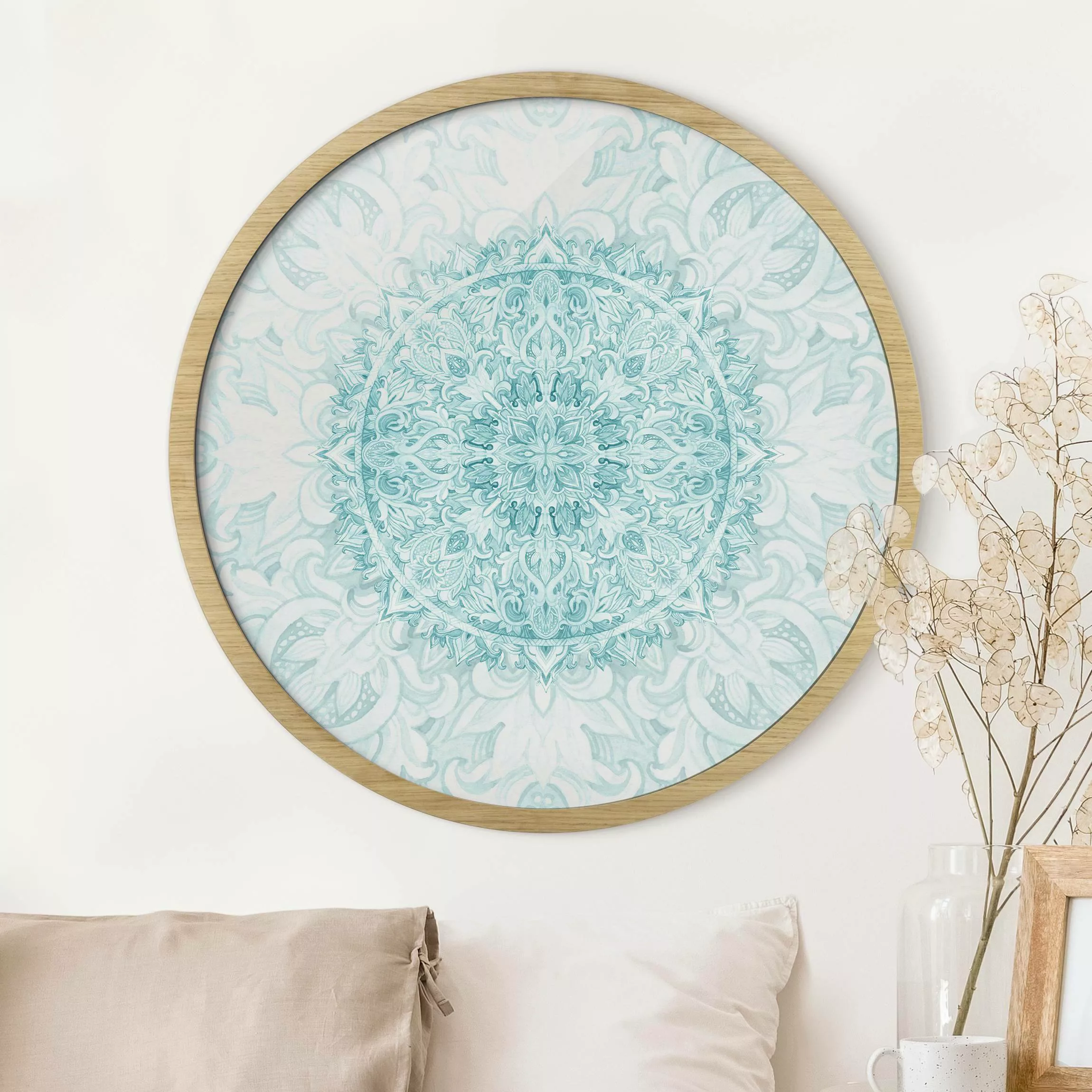 Rundes Gerahmtes Bild Mandala Aquarell Ornament türkis günstig online kaufen