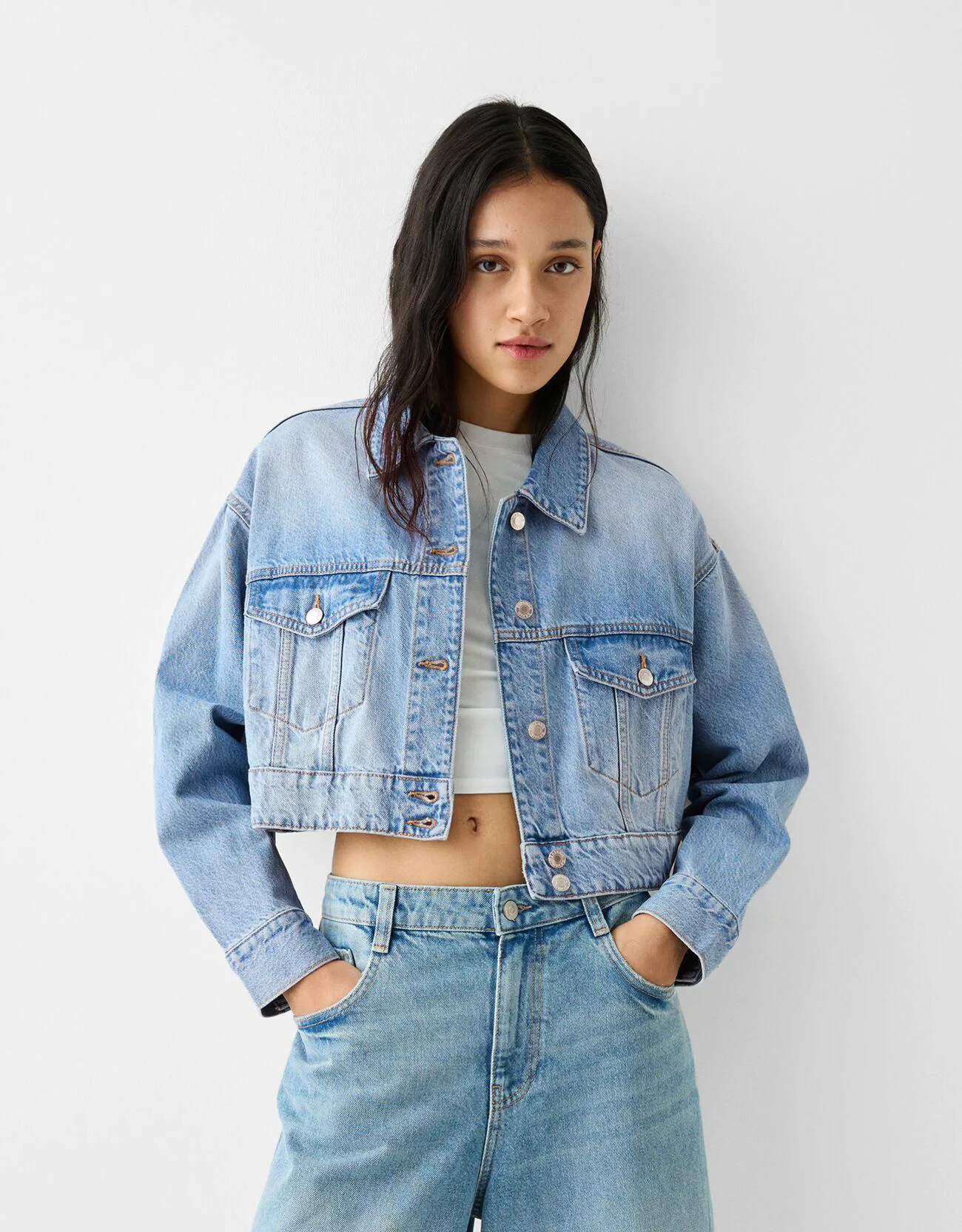 Bershka Cropped-Jeansjacke Damen S Ausgewaschenes Blau günstig online kaufen