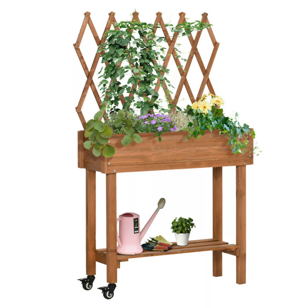 Outsunny Hochbeet mit Rankgitter  Blumenkasten auf Rollen & Ablage, Massivh günstig online kaufen