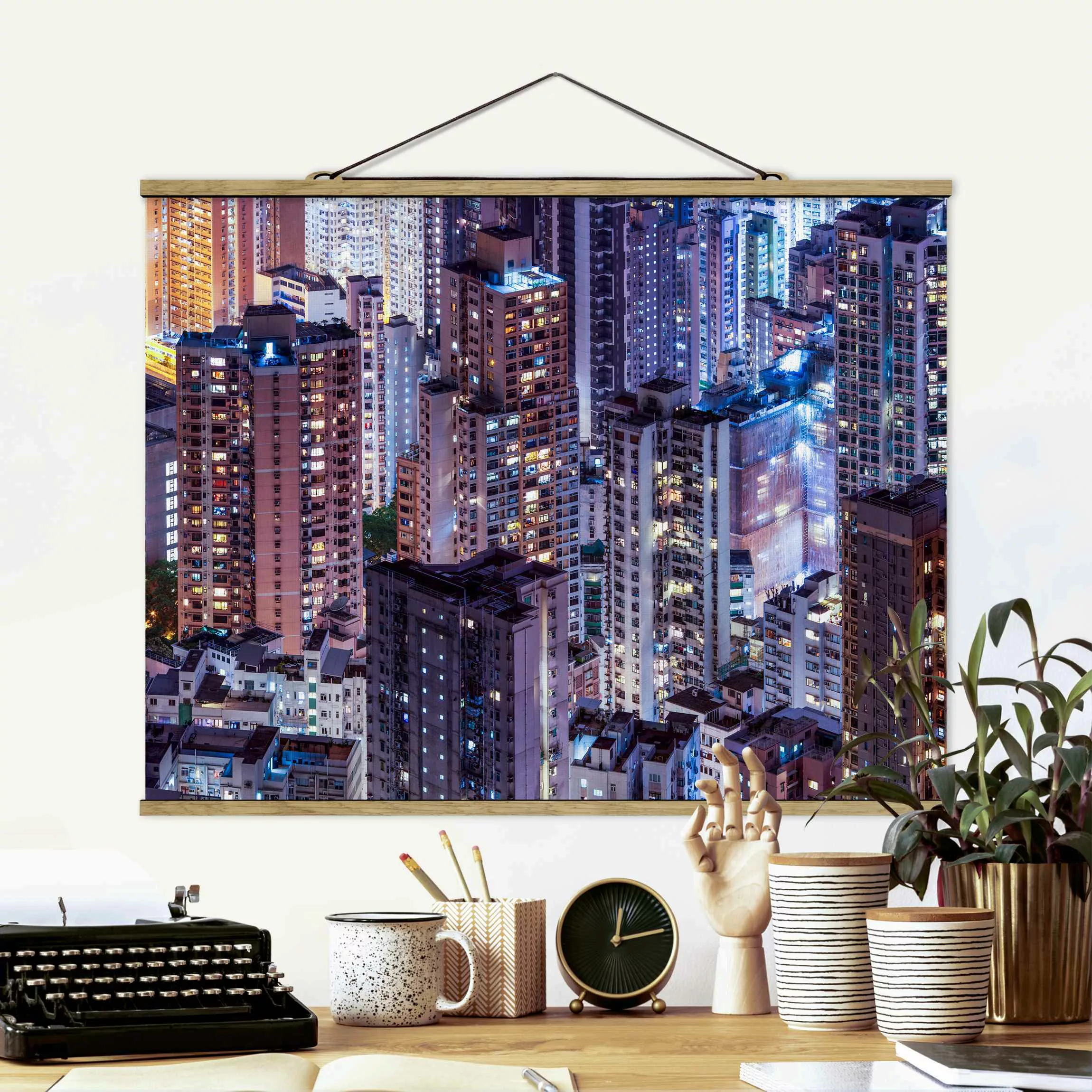 Stoffbild mit Posterleisten Hongkong Lichtermeer günstig online kaufen