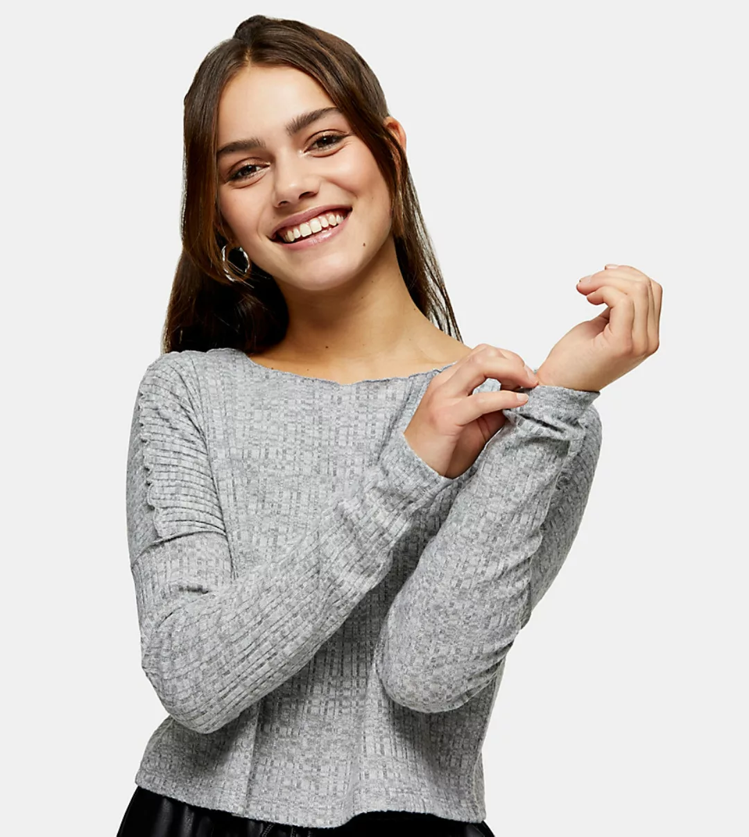 Topshop Petite – Sweatshirt in Grau mit Bahnendesign und gekräuseltem Saum günstig online kaufen