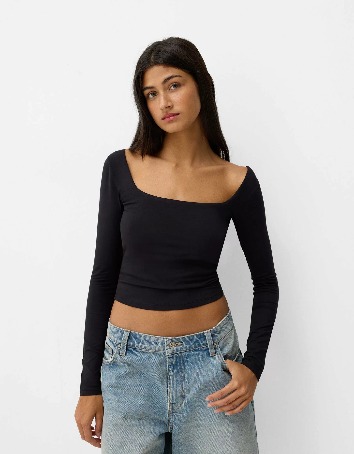 Bershka Shirt Mit Langen Ärmeln Und Kastenausschnitt Damen S Schwarz günstig online kaufen