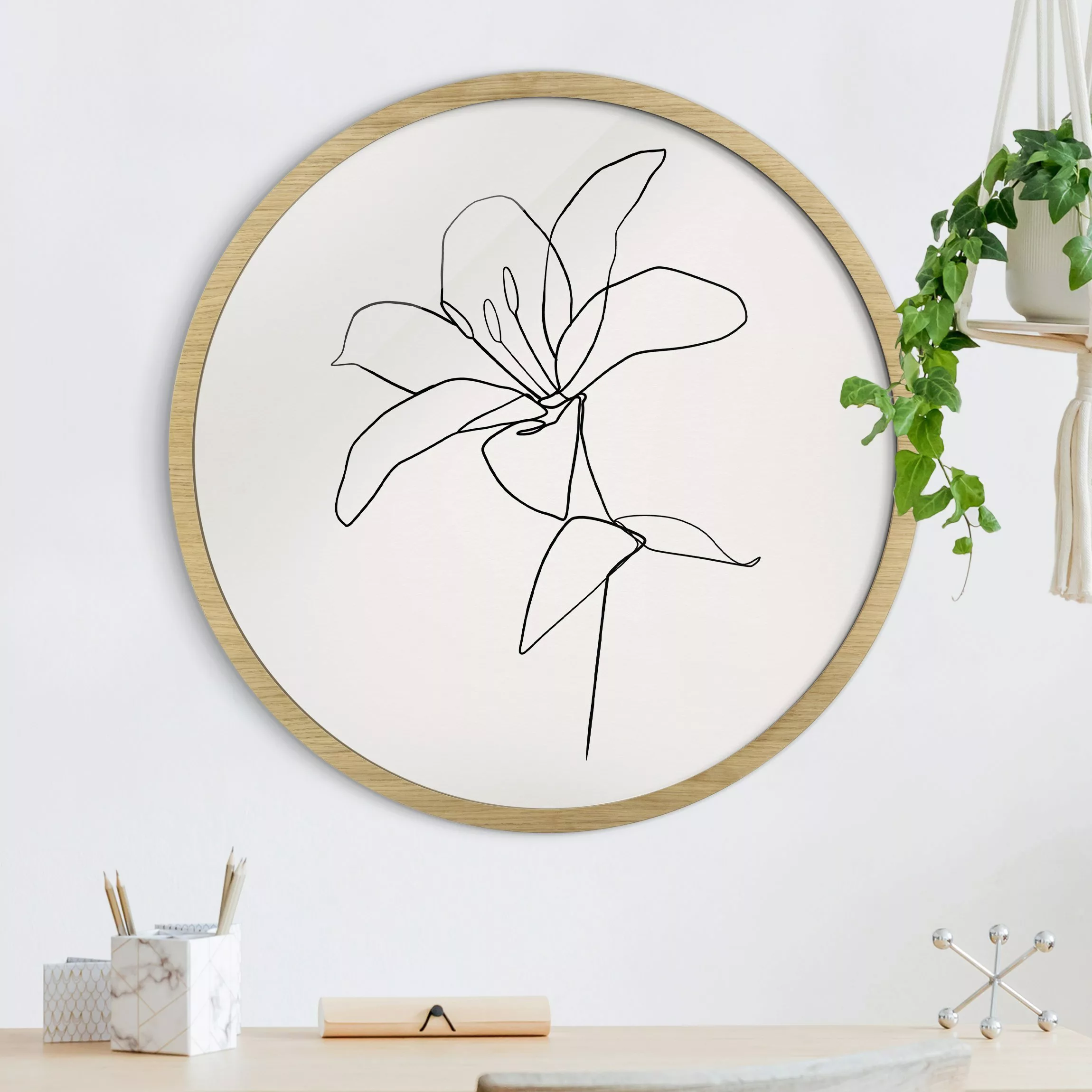 Rundes Gerahmtes Bild Line Art Blüte Schwarz Weiß günstig online kaufen