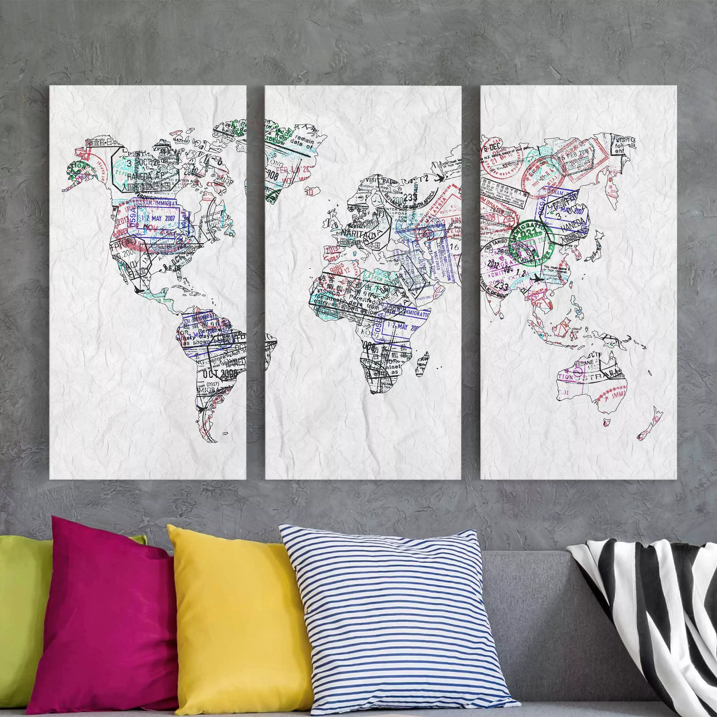 3-teiliges Leinwandbild Weltkarte - Querformat Reisepass Stempel Weltkarte günstig online kaufen