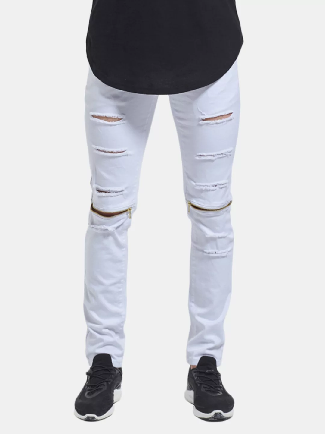 Skinny Hip Hop Ripped Holes Knie-Reißverschluss-Jeans für Herren günstig online kaufen