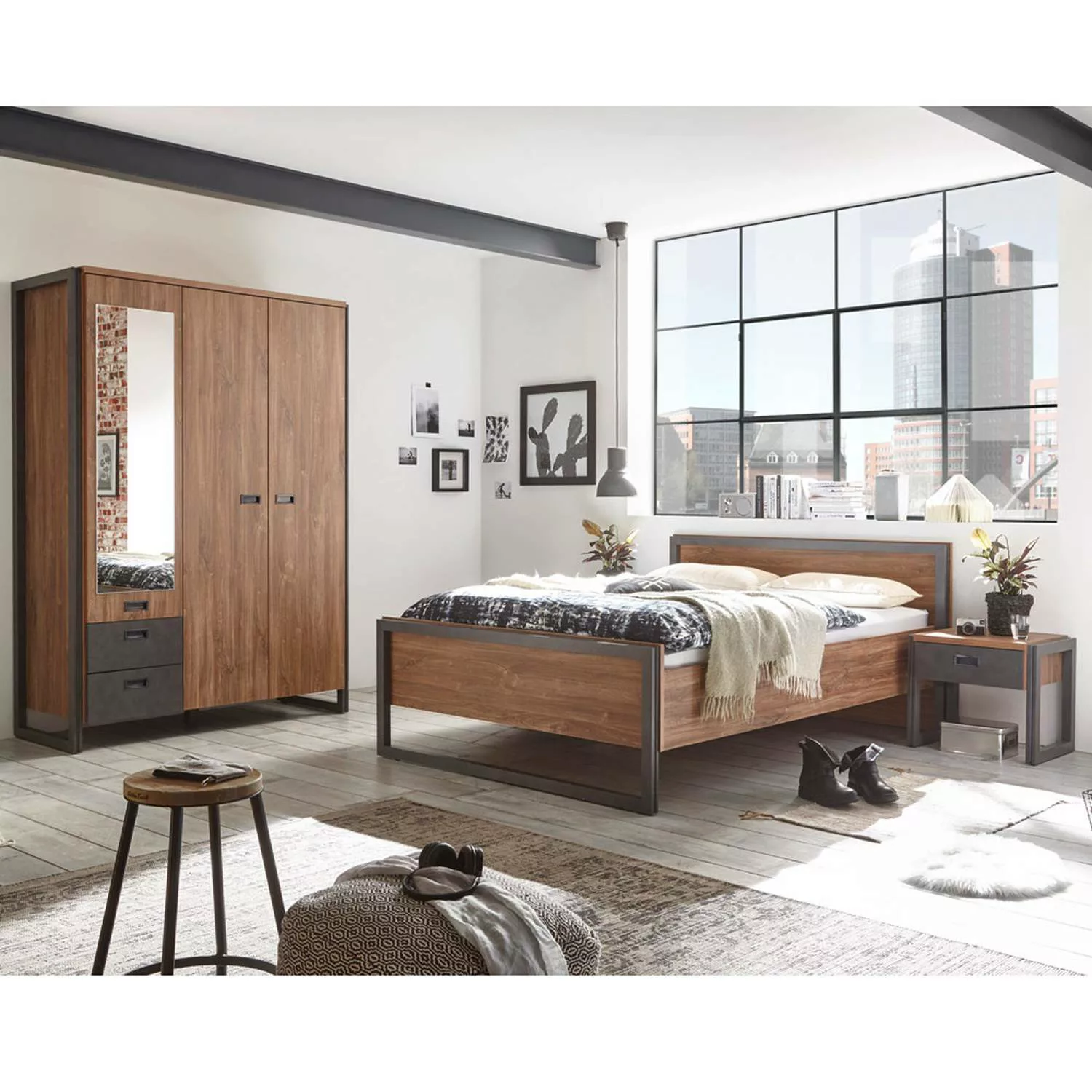 Komplettset Schlafzimmer DALLAS-61 im Industrial Design Dekor Stirling Oak günstig online kaufen